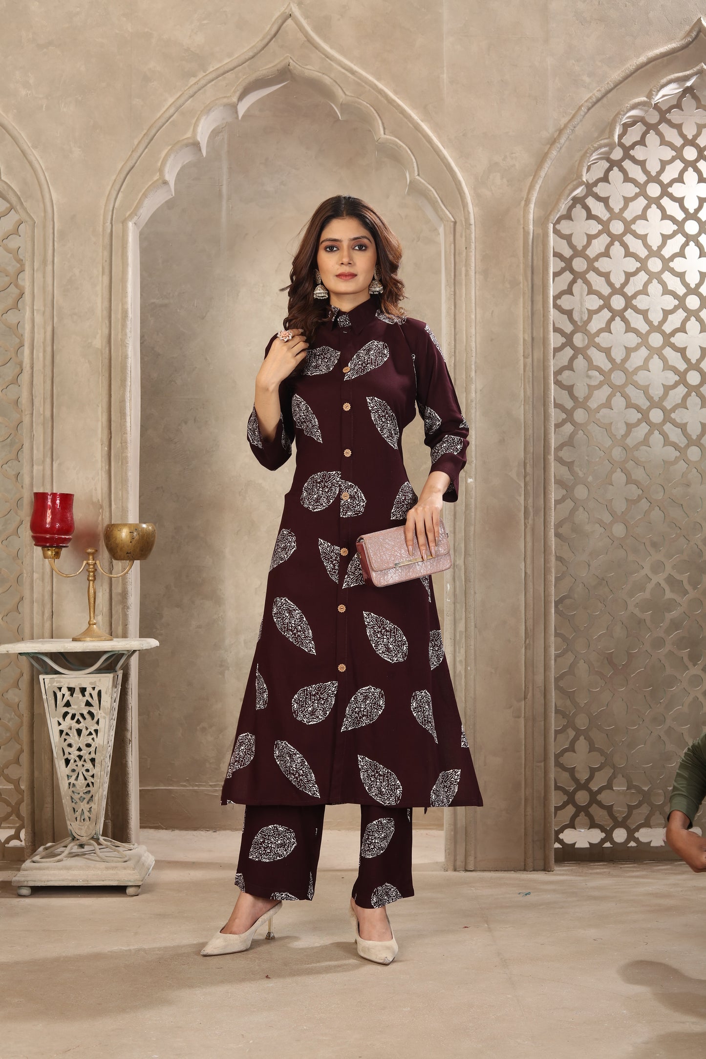 Maroon Leaf Print Co-ord Set