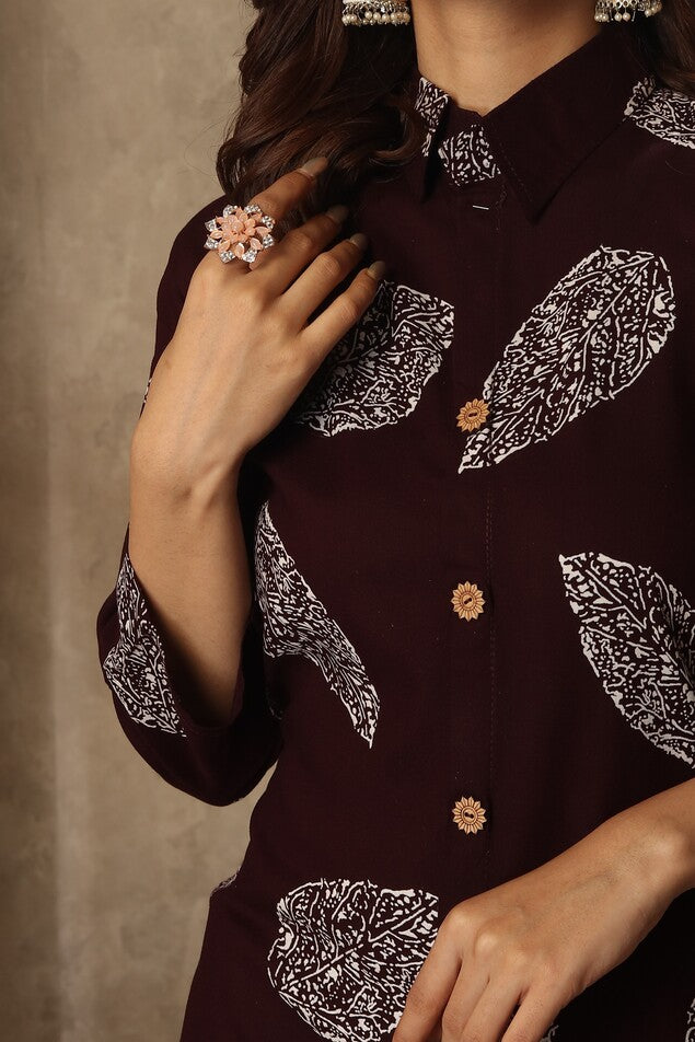 Maroon Leaf Print Co-ord Set