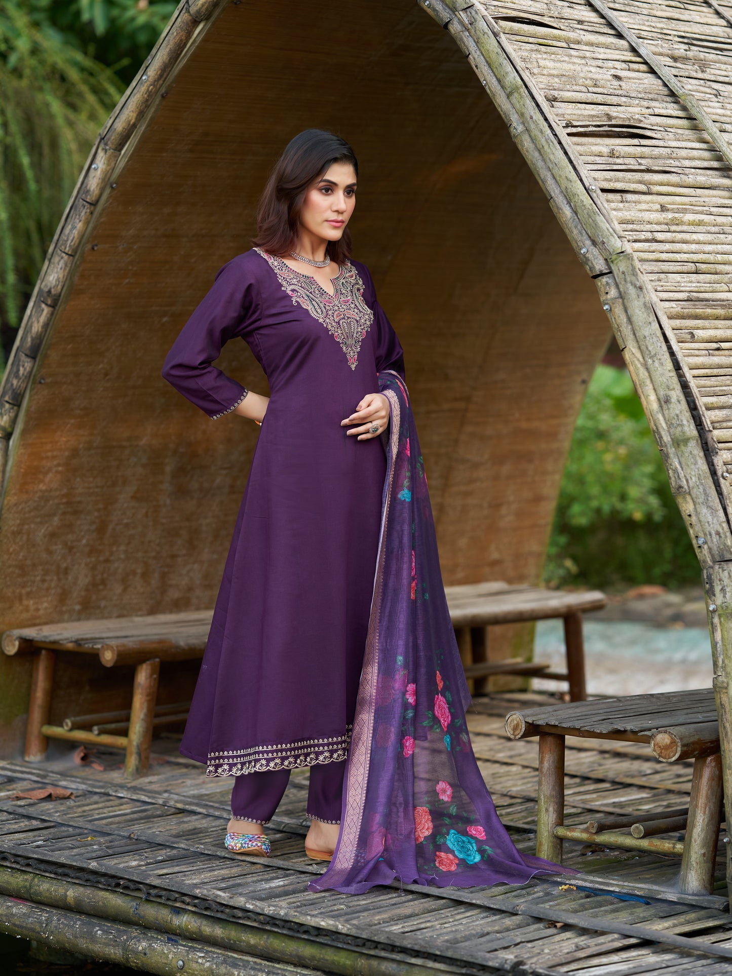 Purple Viscose Silk Blend Embroidered Kurta Set with Dupatta