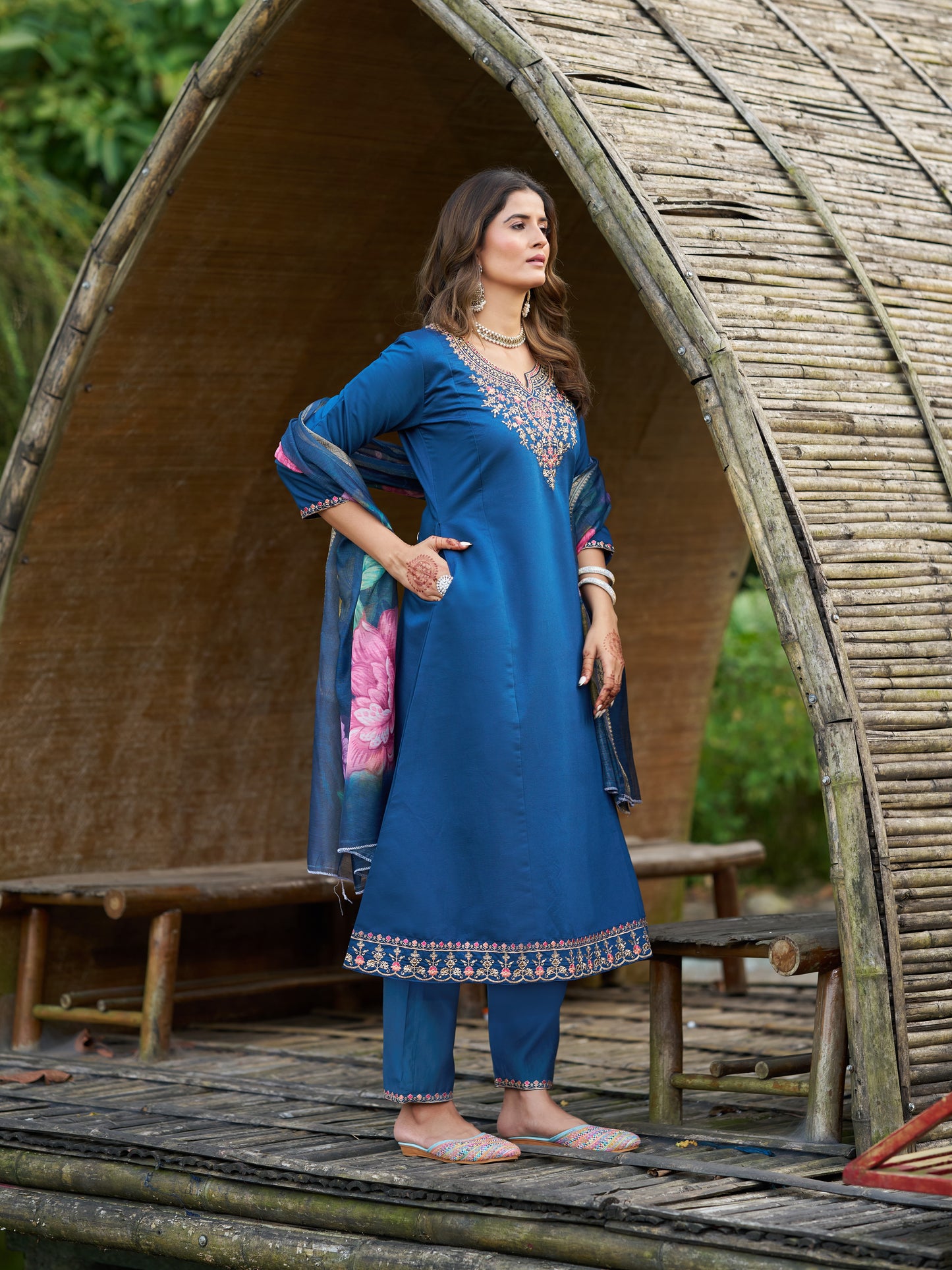Blue Viscose Silk Blend Embroidered Kurta Set with Dupatta