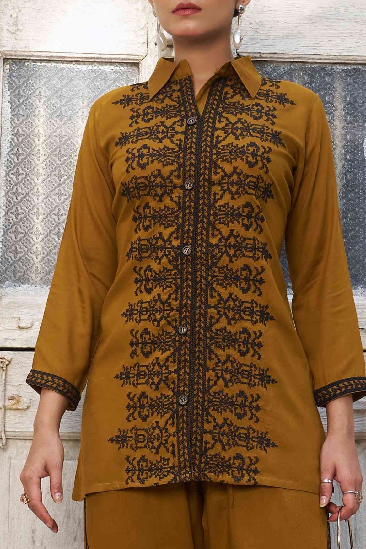 Mustard Brown Embellished Viscose Rayon Co-ord Set