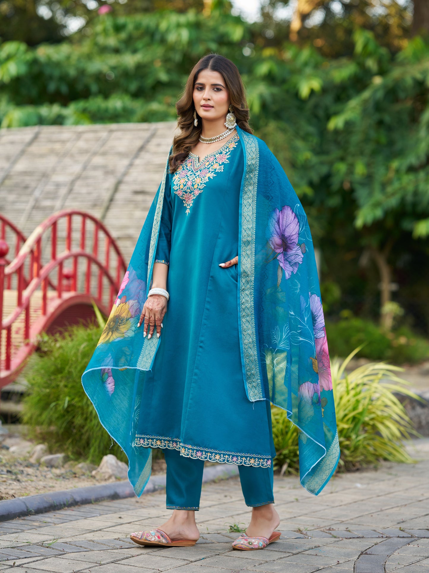 Teal Blue Viscose Silk Blend Embroidered Kurta Set with Dupatta