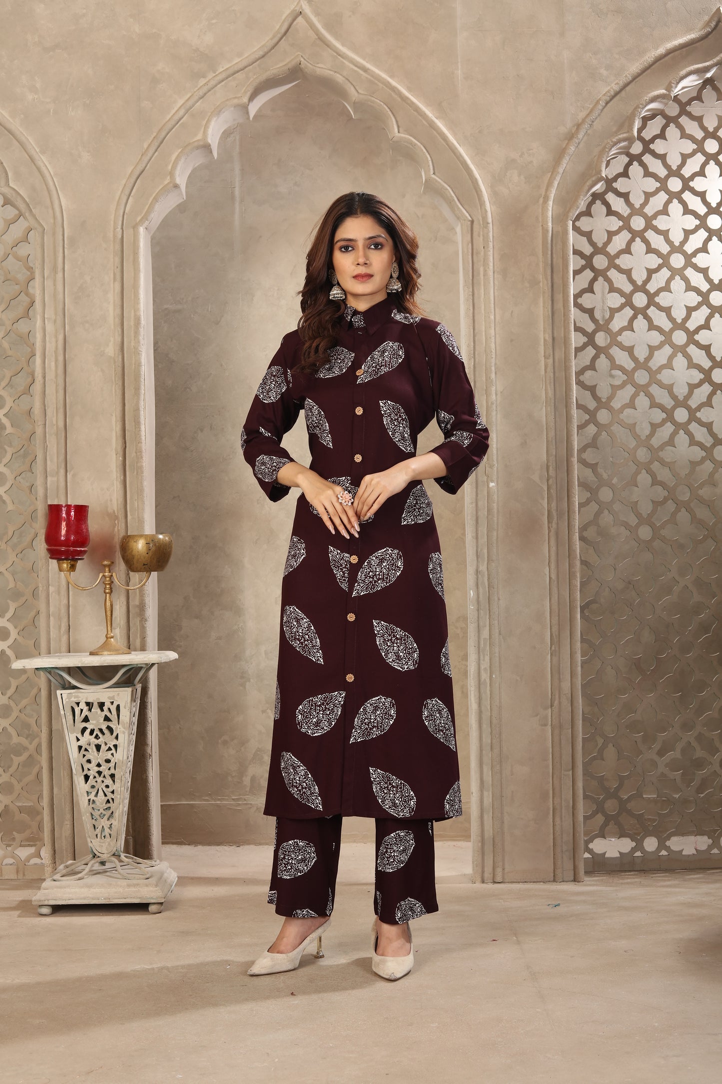 Maroon Leaf Print Co-ord Set