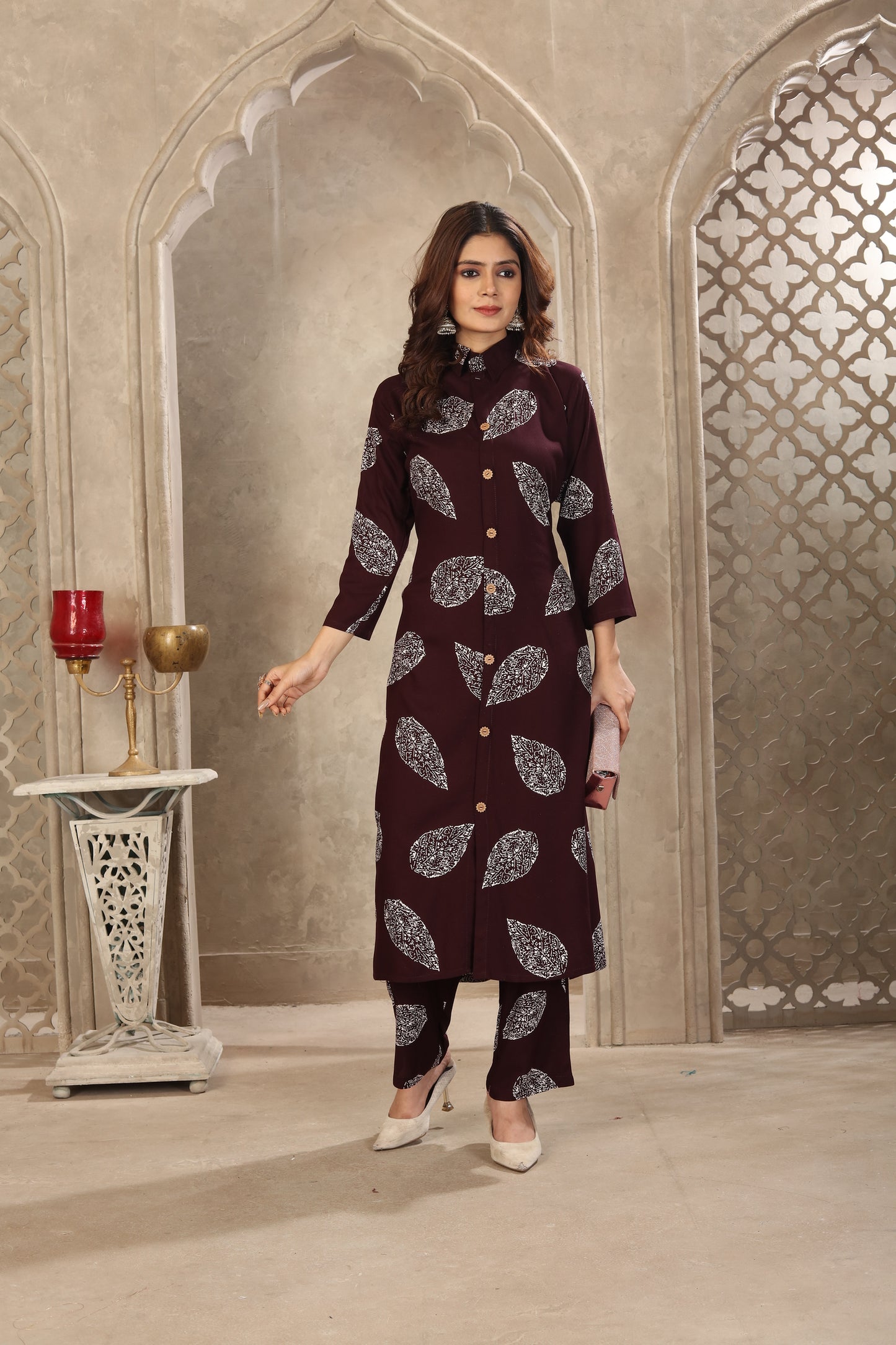 Maroon Leaf Print Co-ord Set