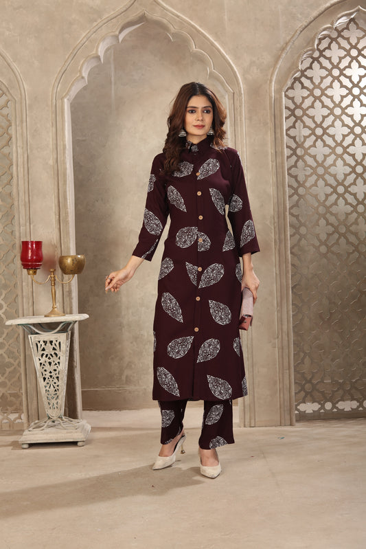 Maroon Leaf Print Co-ord Set