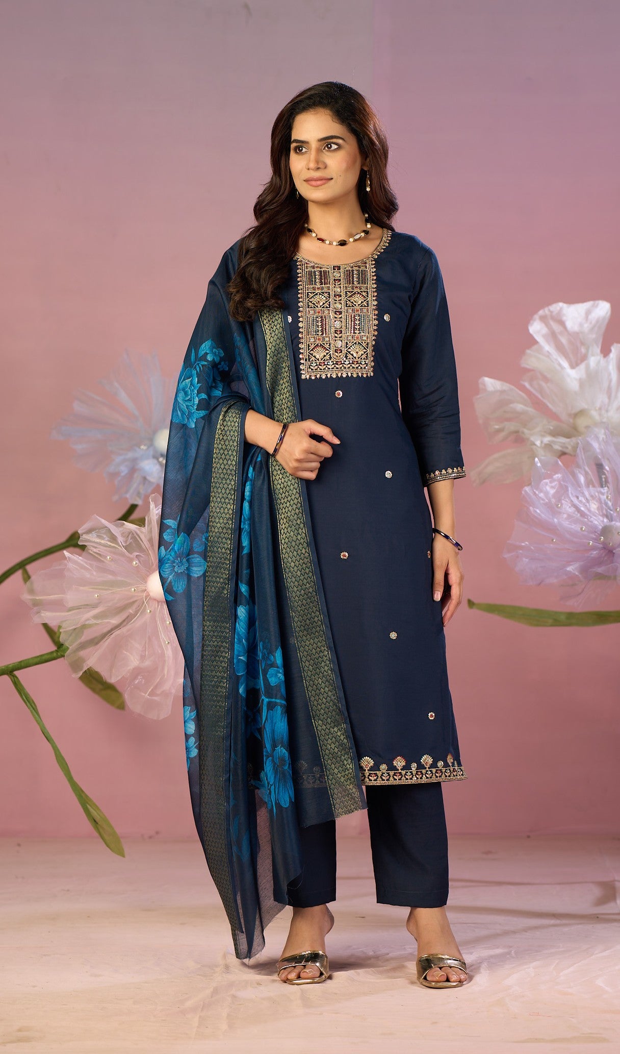 Navy Blue Silk Embroidered Kurta with Trousers & Floral Dupatta