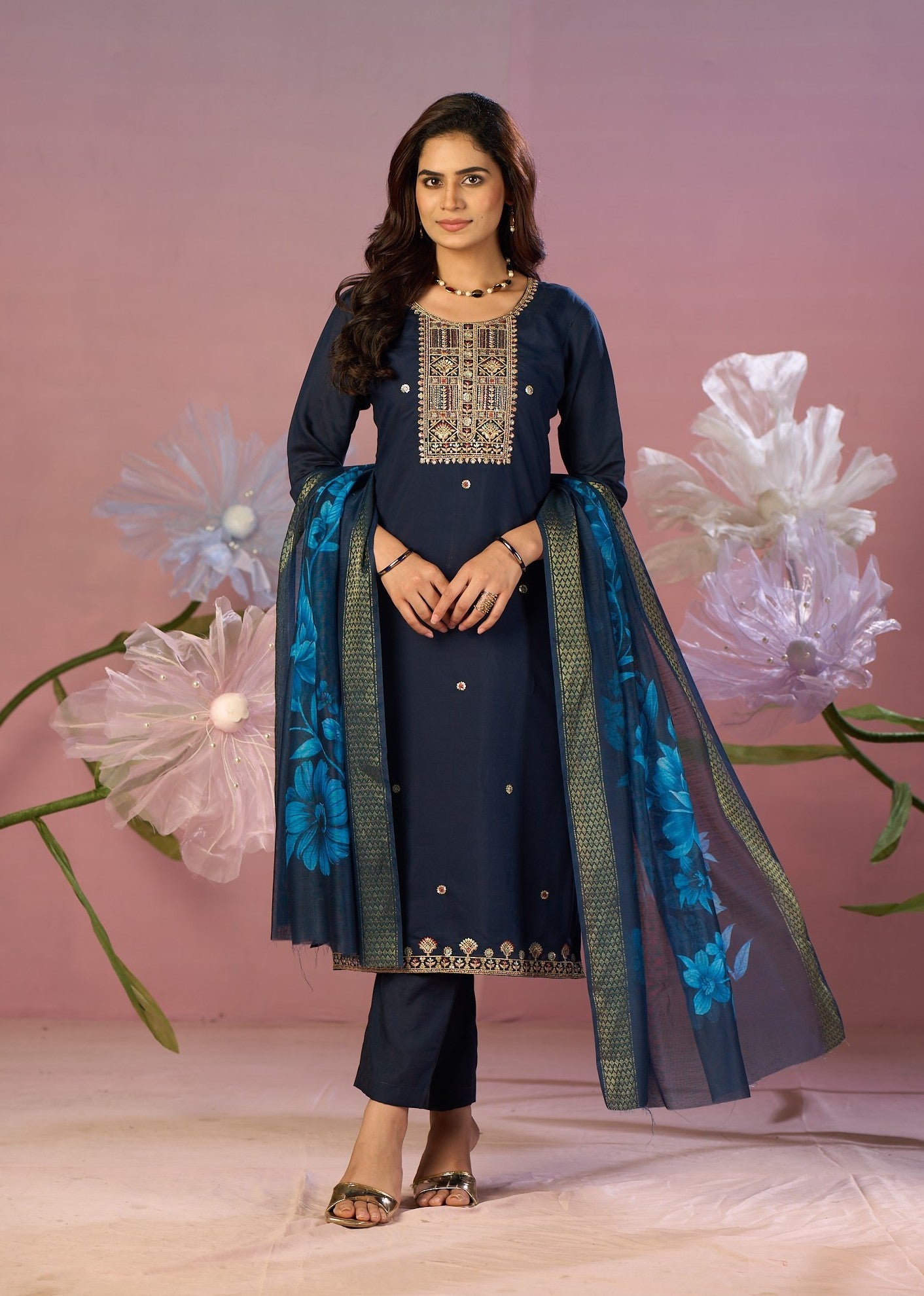 Navy Blue Silk Embroidered Kurta with Trousers & Floral Dupatta