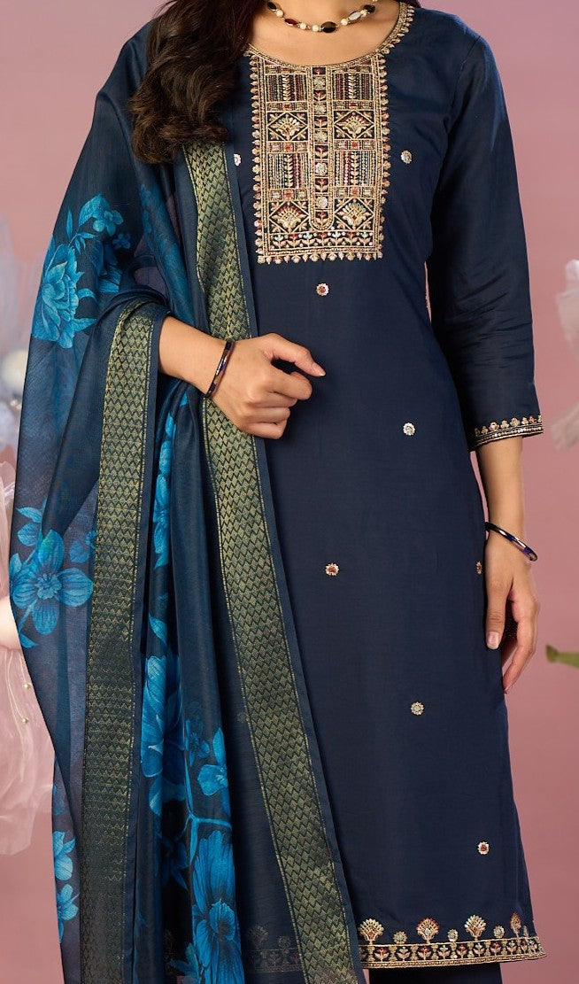 Navy Blue Silk Embroidered Kurta with Trousers & Floral Dupatta