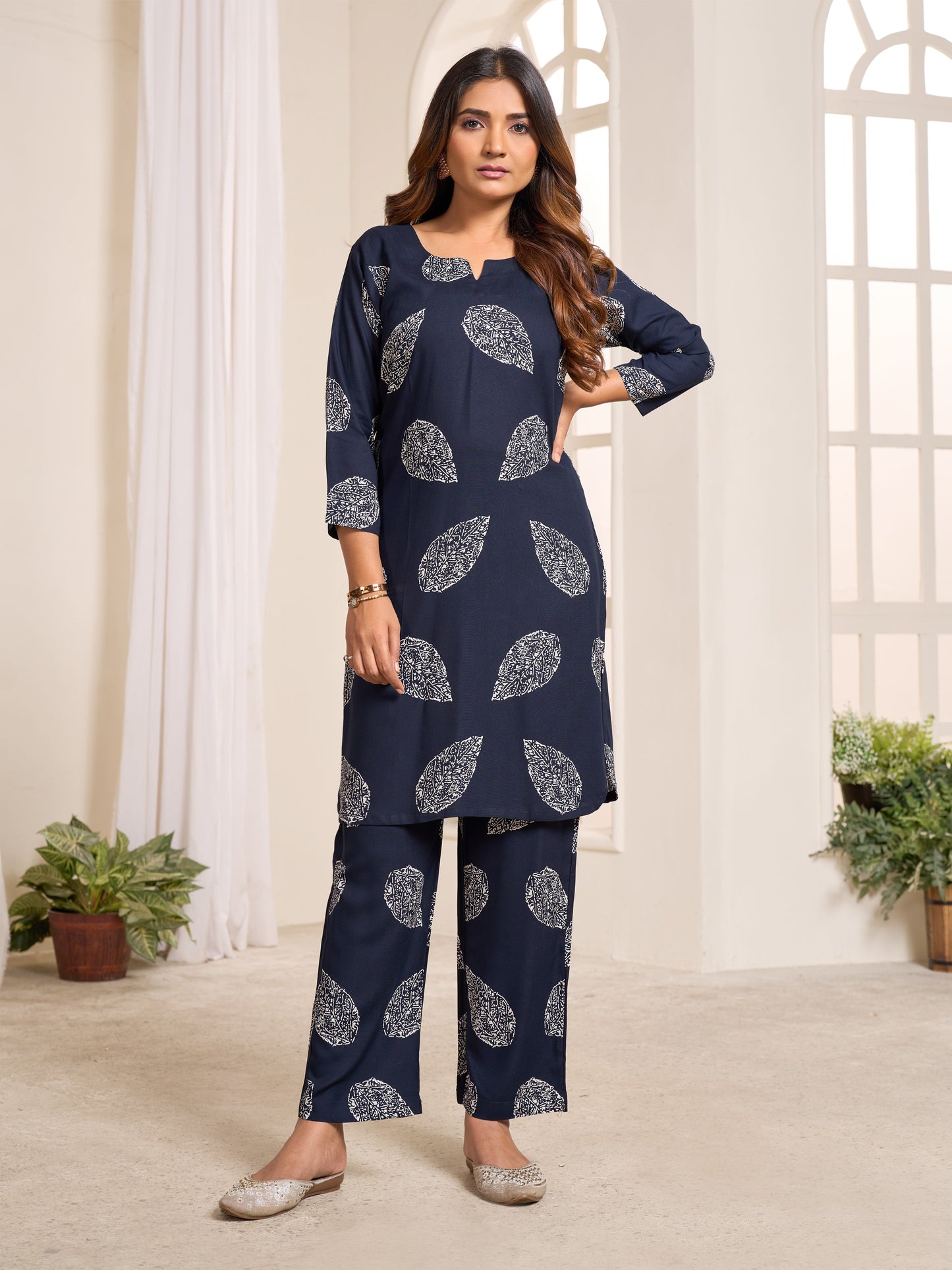 Navy Blue Leaf Printed Co-ord Set