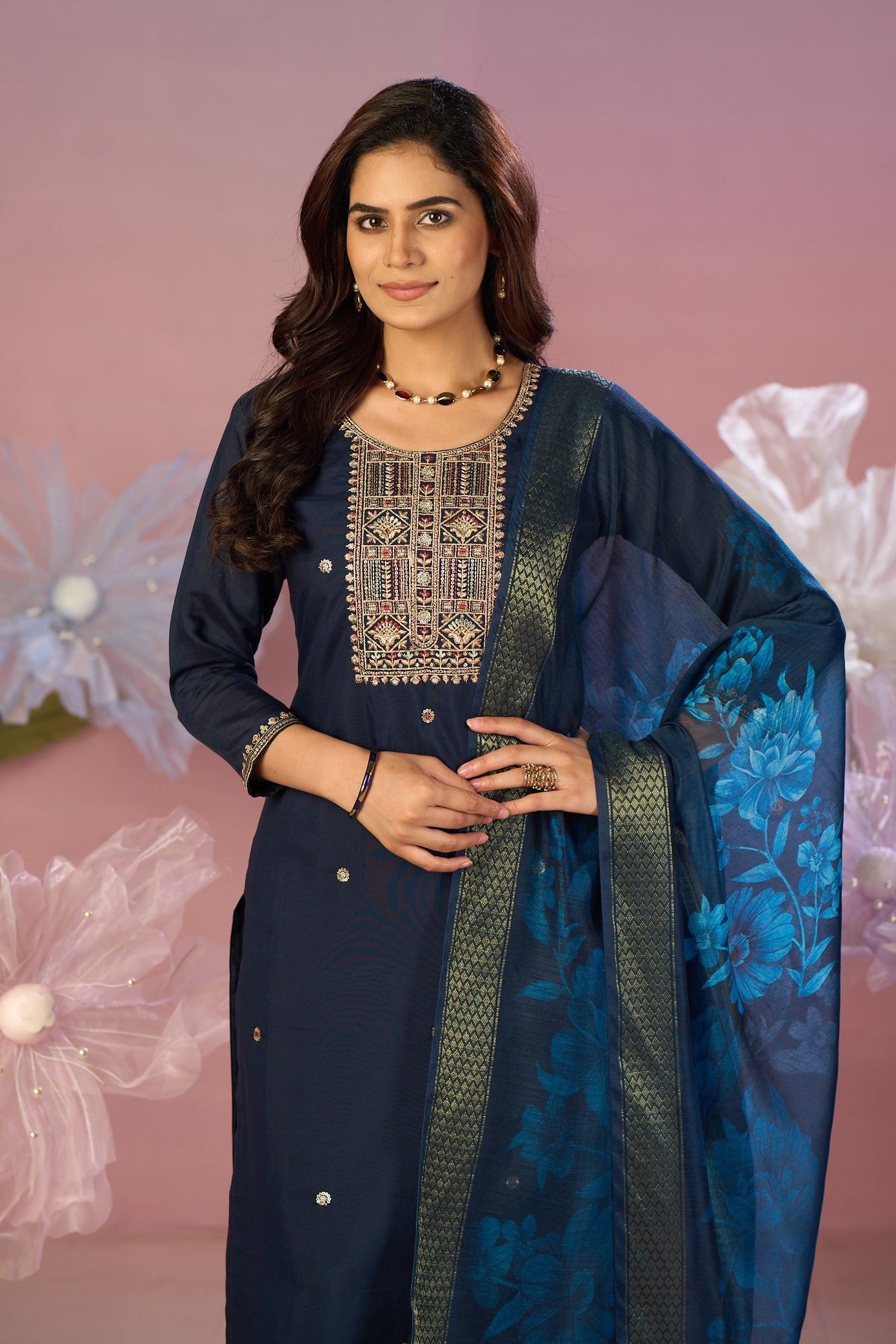 Navy Blue Silk Embroidered Kurta with Trousers & Floral Dupatta