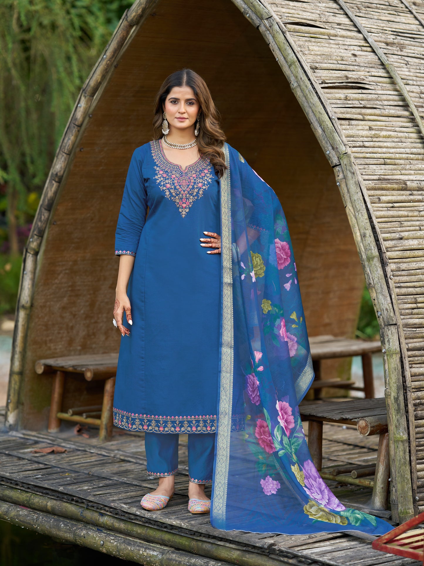 Blue Viscose Silk Blend Embroidered Kurta Set with Dupatta