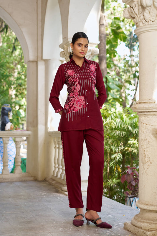 Maroon Embellished Viscose Rayon Co-ord Set