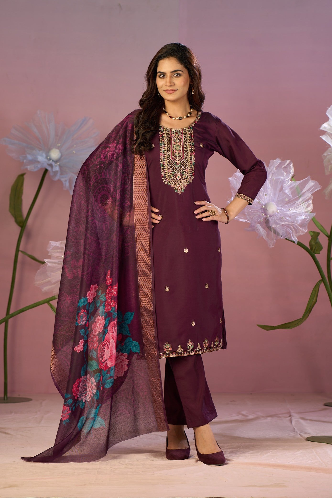 Maroon Silk Embroidered Kurta with Trousers & Designer Floral Dupatta
