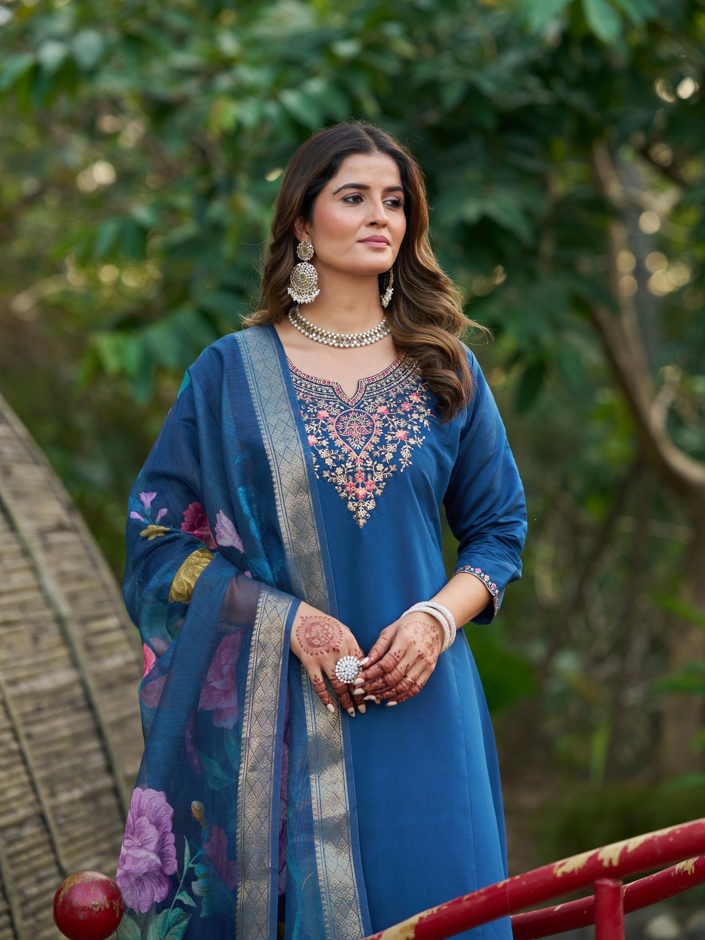 Blue Viscose Silk Blend Embroidered Kurta Set with Dupatta