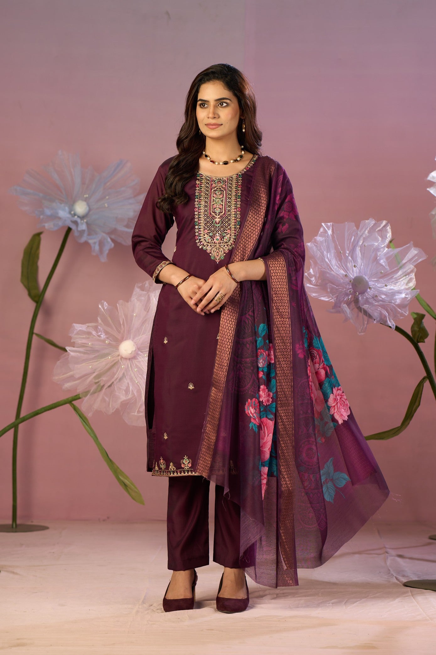 Maroon Silk Embroidered Kurta with Trousers & Designer Floral Dupatta