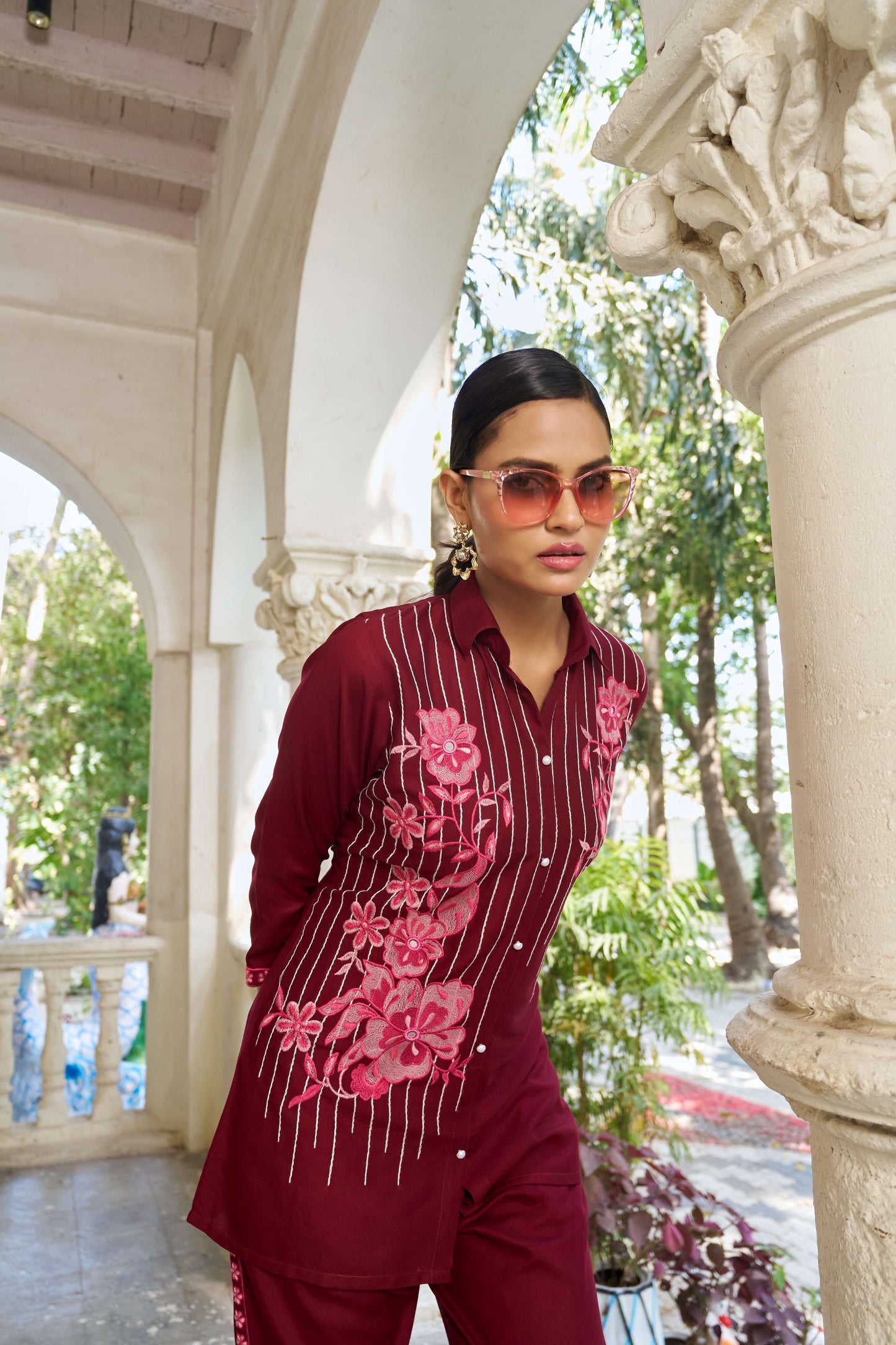 Maroon Embellished Viscose Rayon Co-ord Set