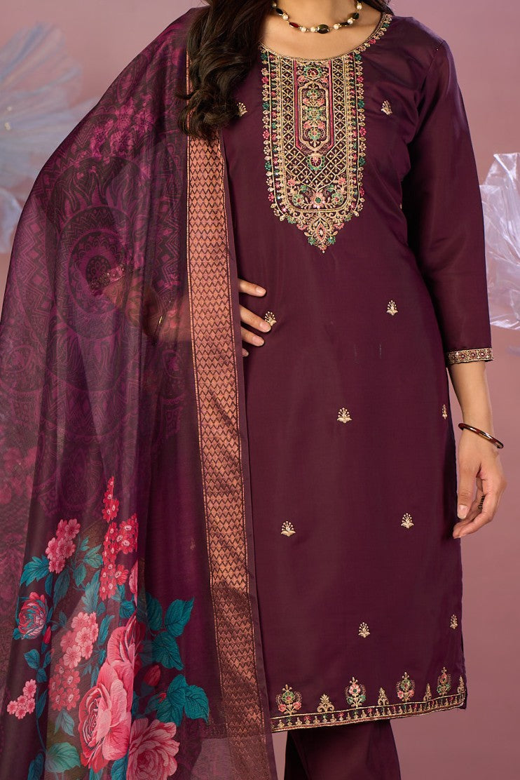 Maroon Silk Embroidered Kurta with Trousers & Designer Floral Dupatta