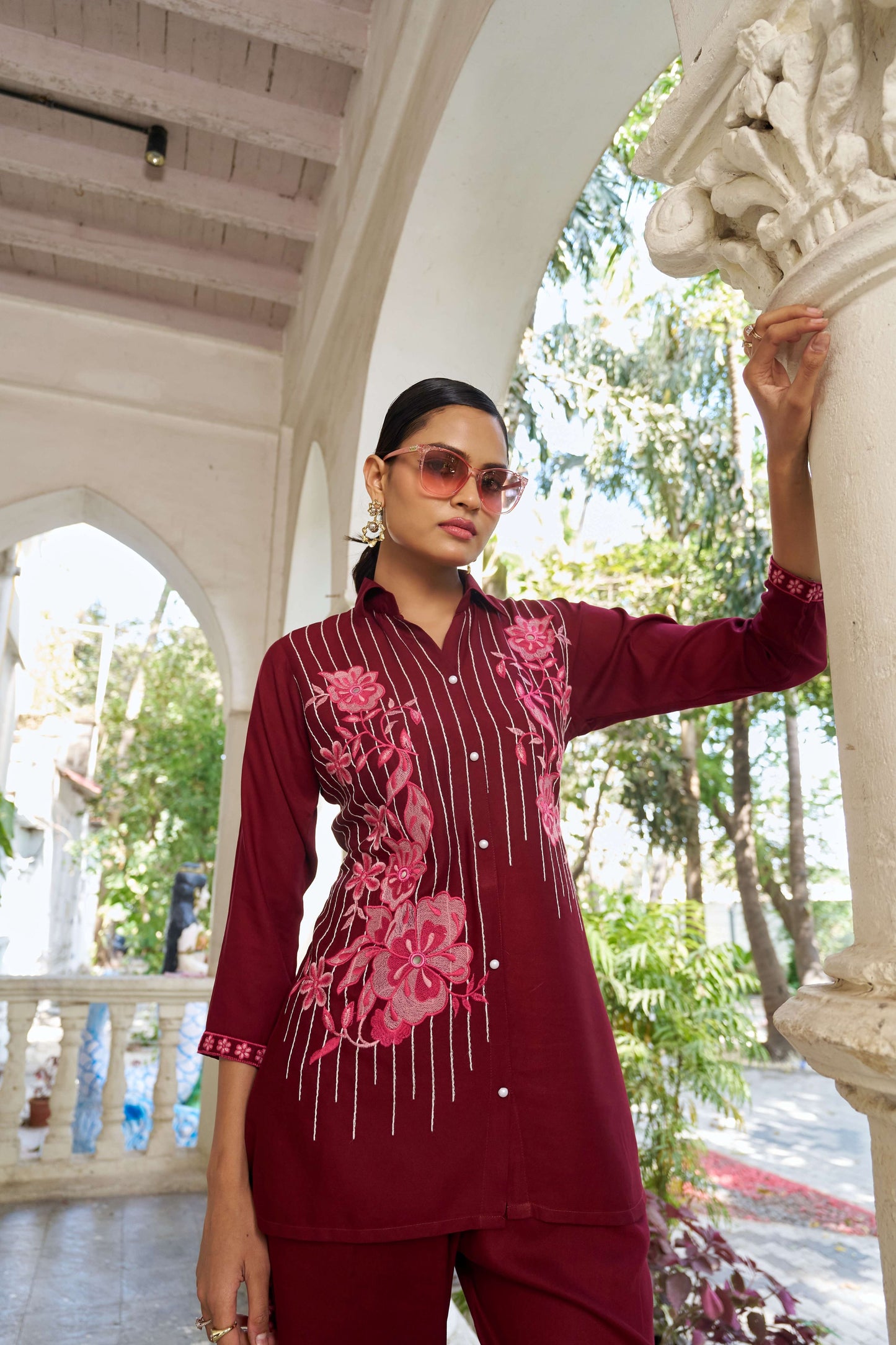 Maroon Embellished Viscose Rayon Co-ord Set