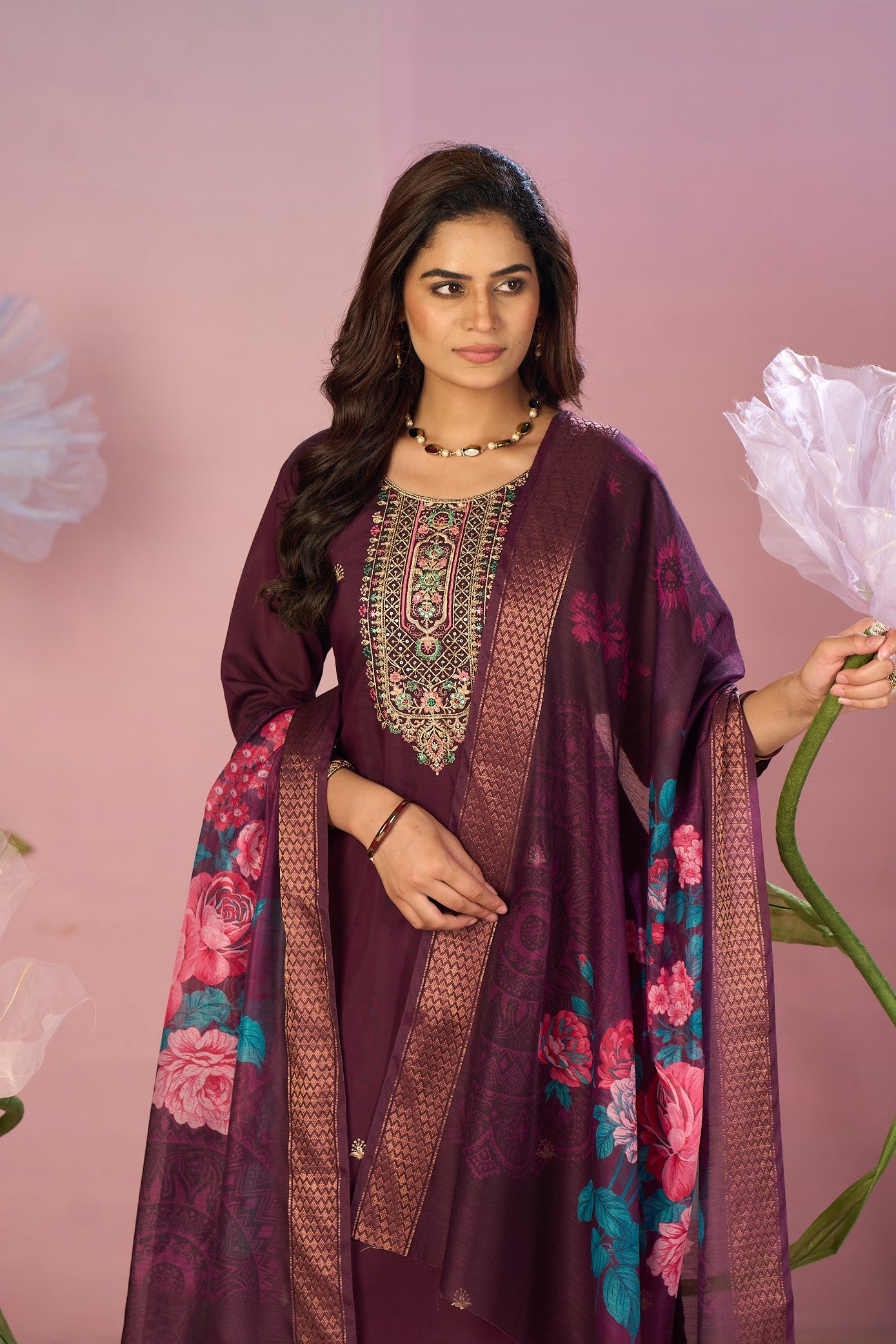 Maroon Silk Embroidered Kurta with Trousers & Designer Floral Dupatta