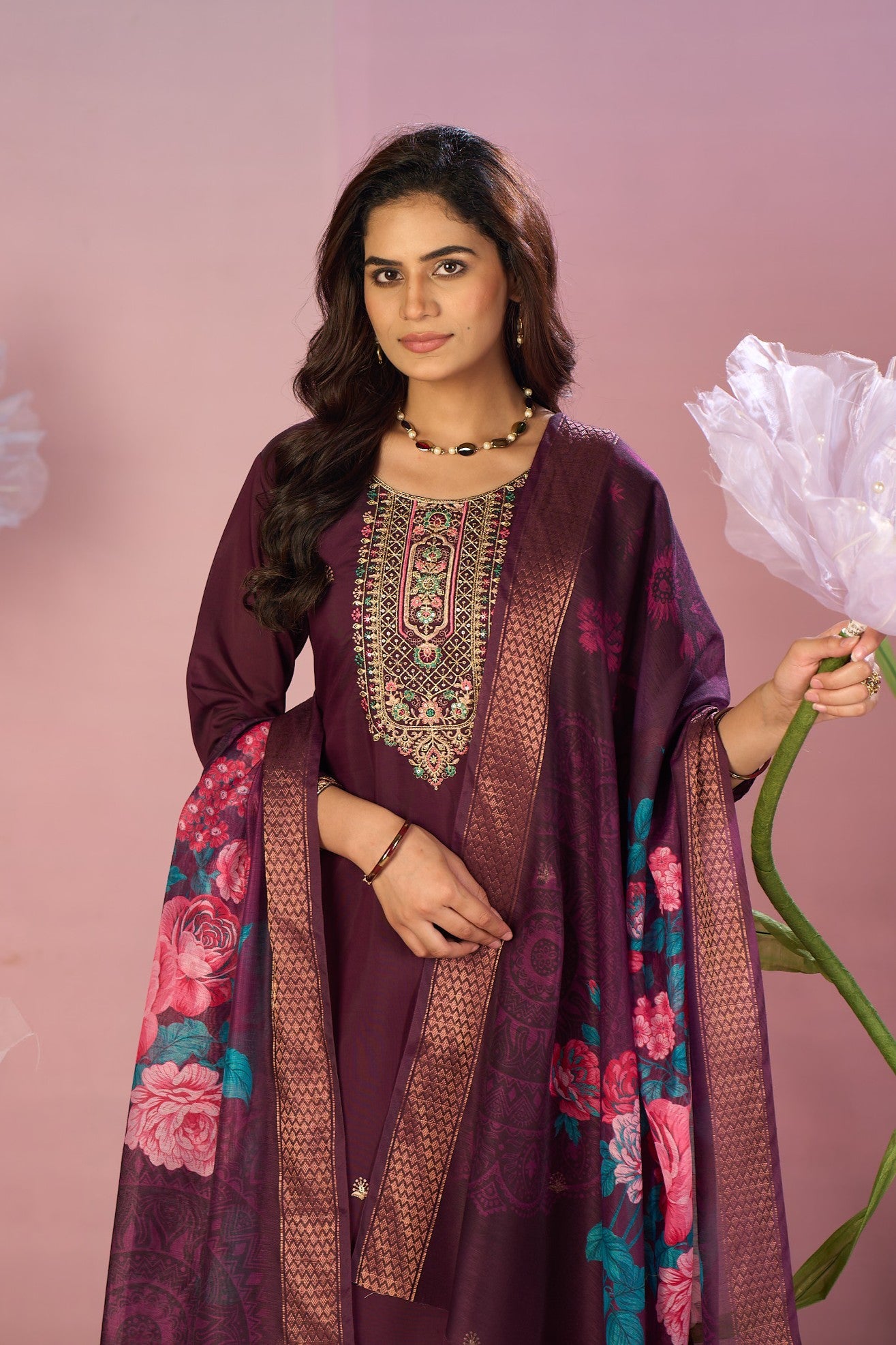 Maroon Silk Embroidered Kurta with Trousers & Designer Floral Dupatta
