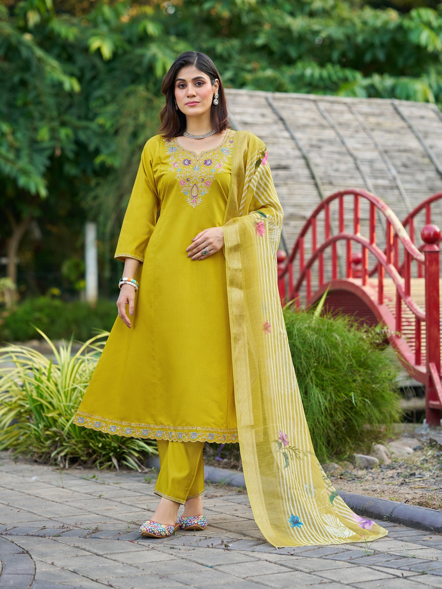 Yellow Viscose Silk Blend Embroidered Kurta Set with Dupatta