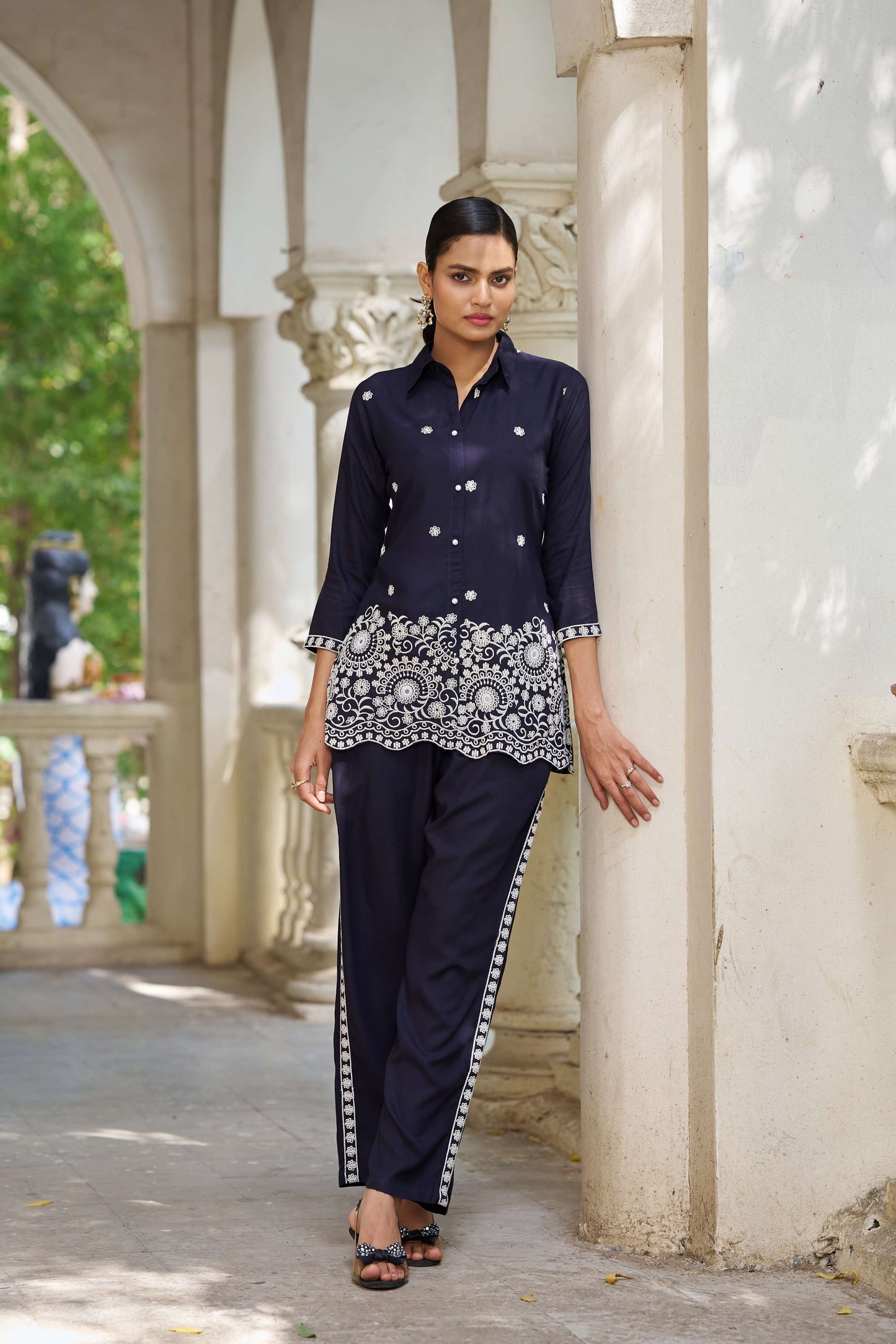 Navy Blue Embellished Viscose Rayon Co-ord Set
