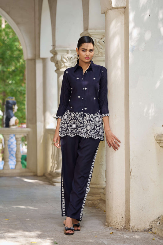 Navy Blue Embellished Viscose Rayon Co-ord Set