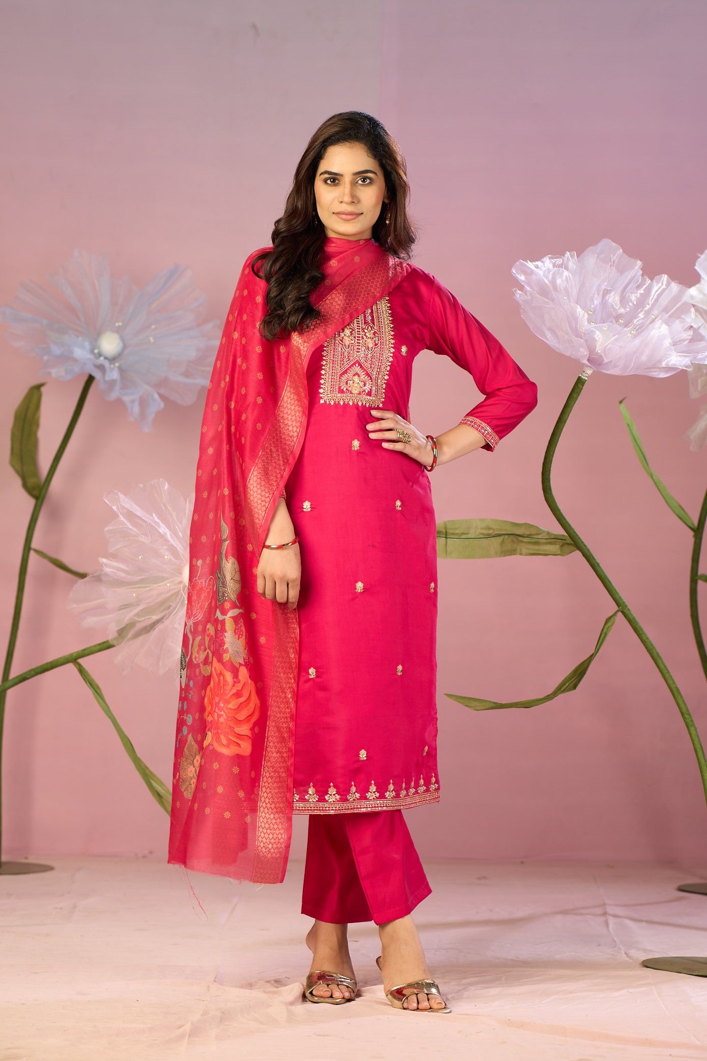 Vibrant Rani Pink Silk Kurta Set with Embroidery & Designer Dupatta