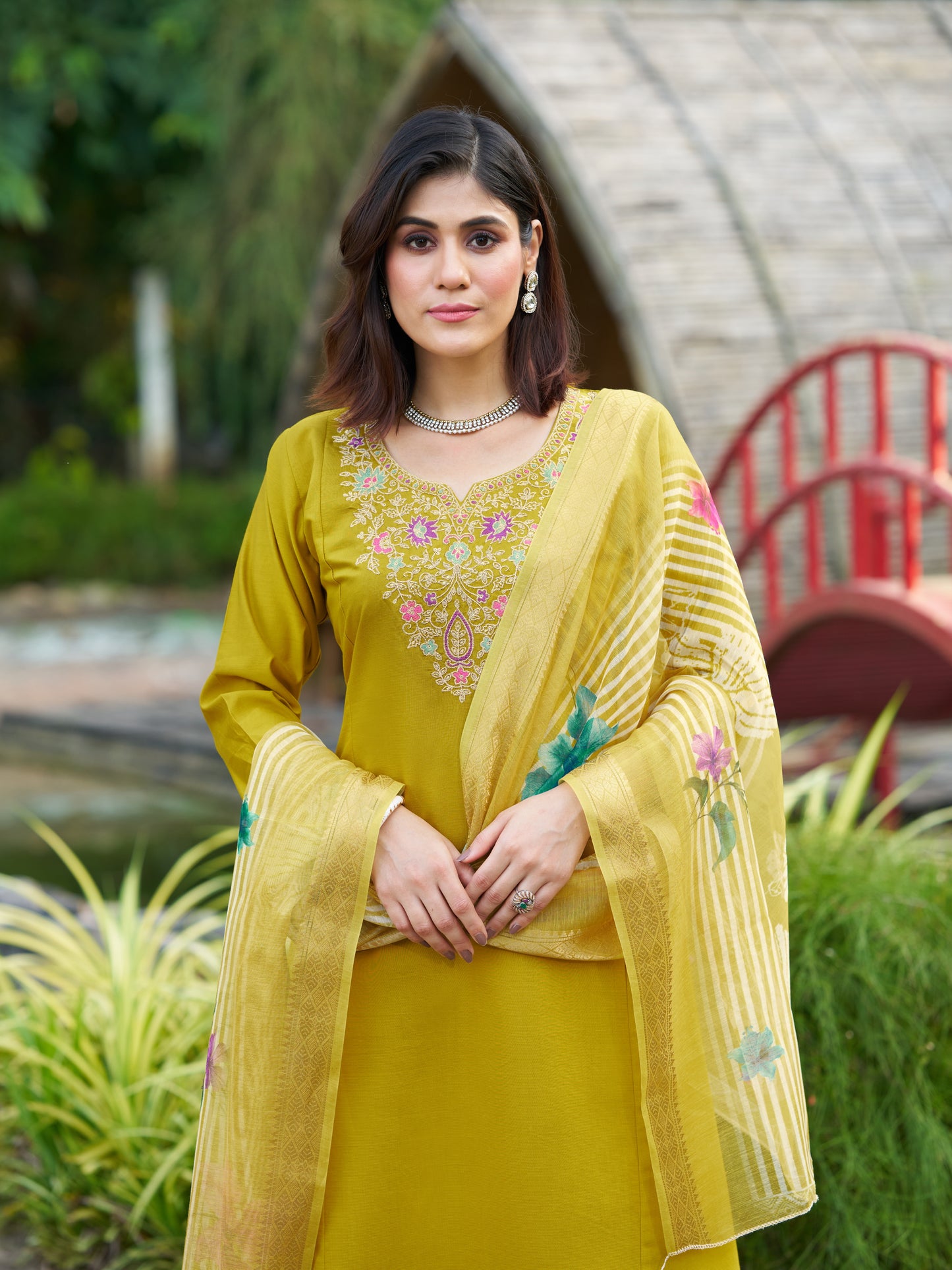 Yellow Viscose Silk Blend Embroidered Kurta Set with Dupatta