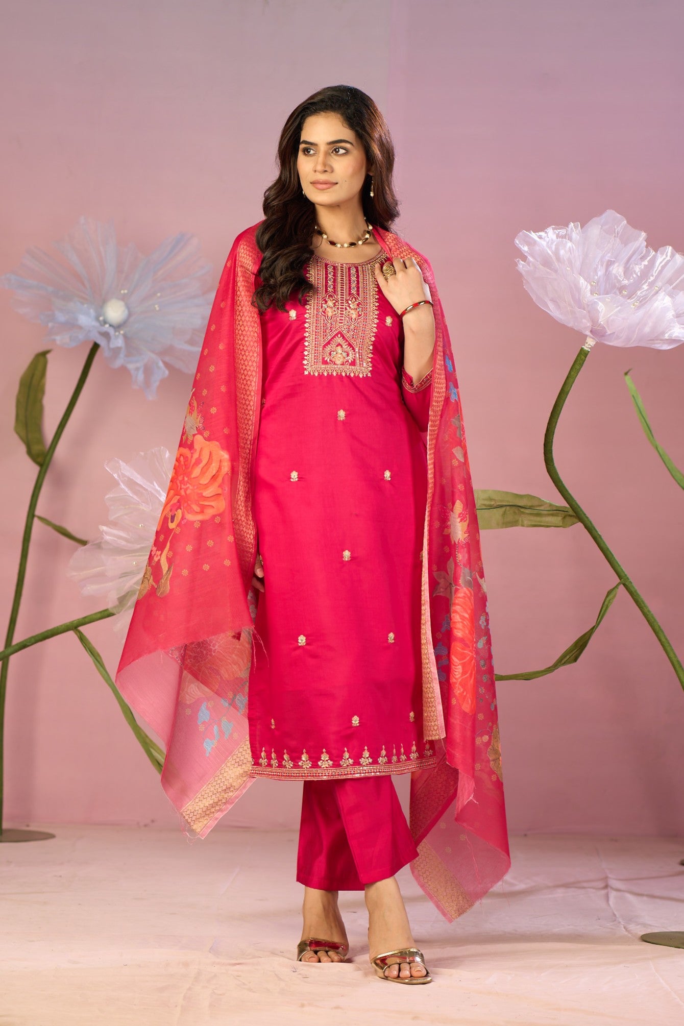 Vibrant Rani Pink Silk Kurta Set with Embroidery & Designer Dupatta