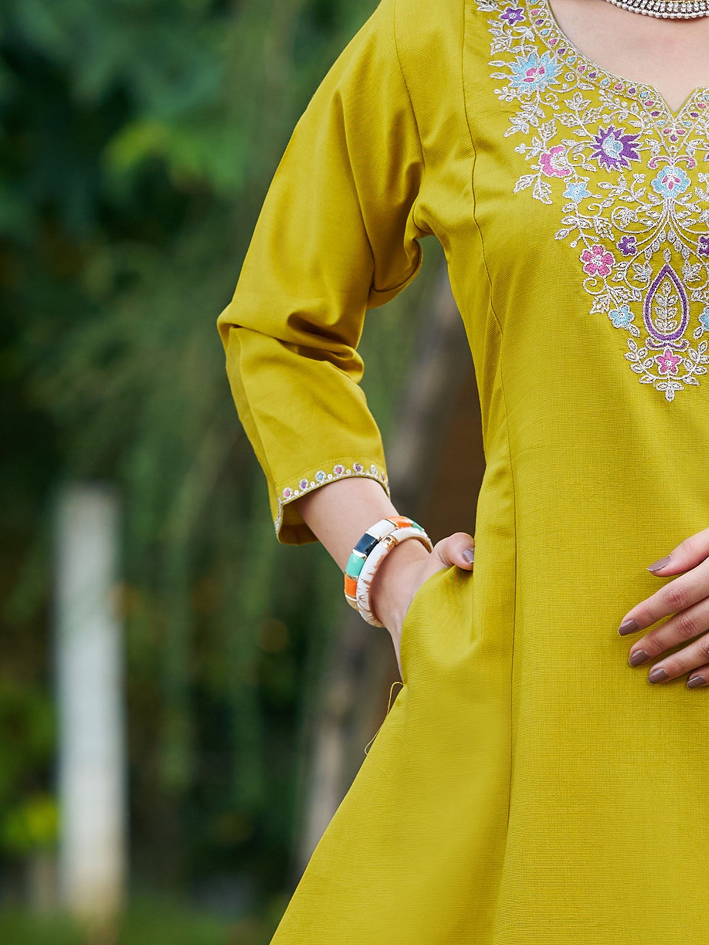 Yellow Viscose Silk Blend Embroidered Kurta Set with Dupatta