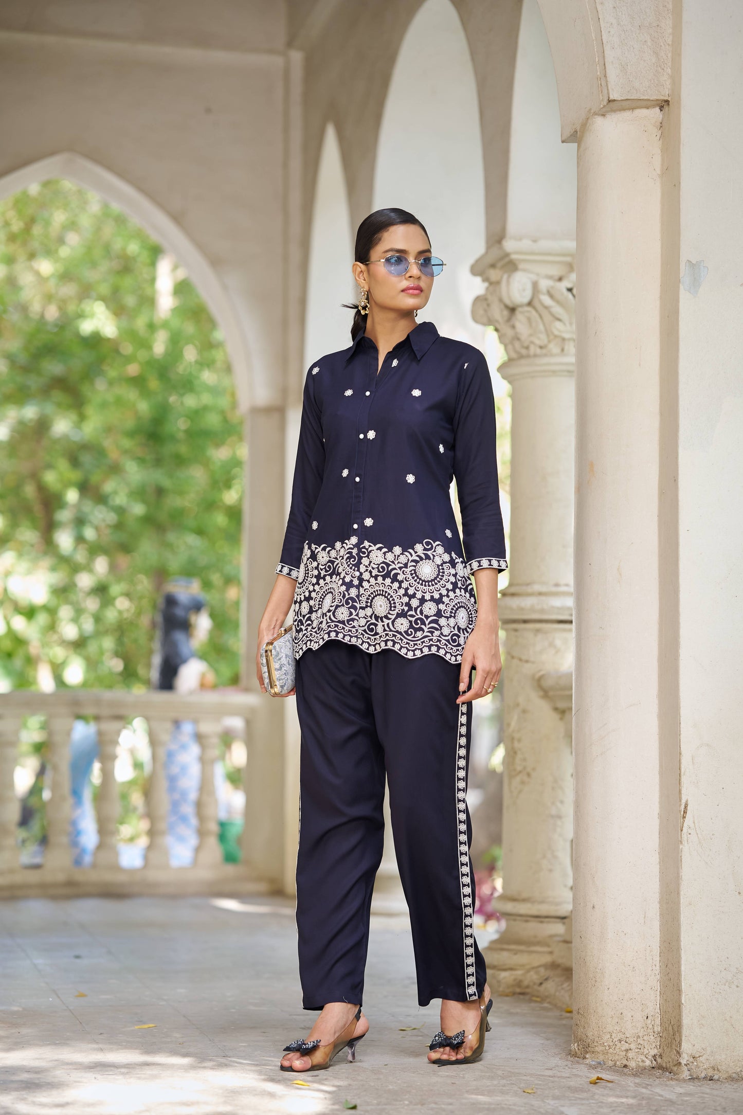 Navy Blue Embellished Viscose Rayon Co-ord Set