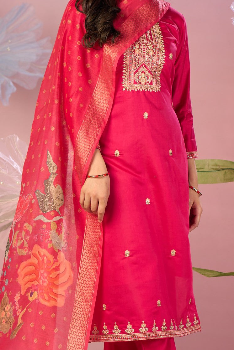 Vibrant Rani Pink Silk Kurta Set with Embroidery & Designer Dupatta