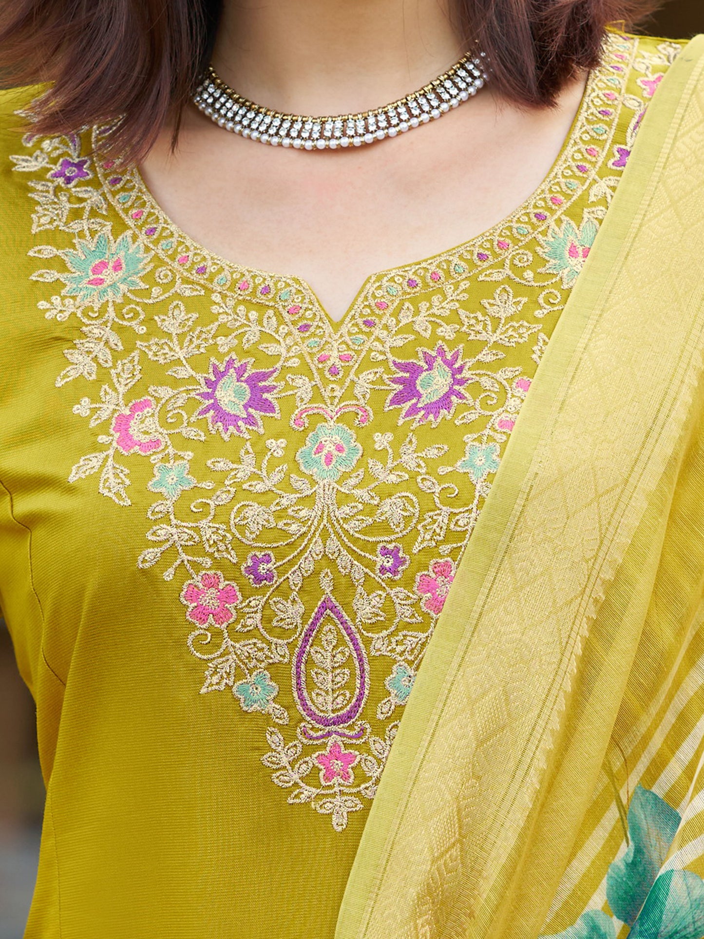 Yellow Viscose Silk Blend Embroidered Kurta Set with Dupatta