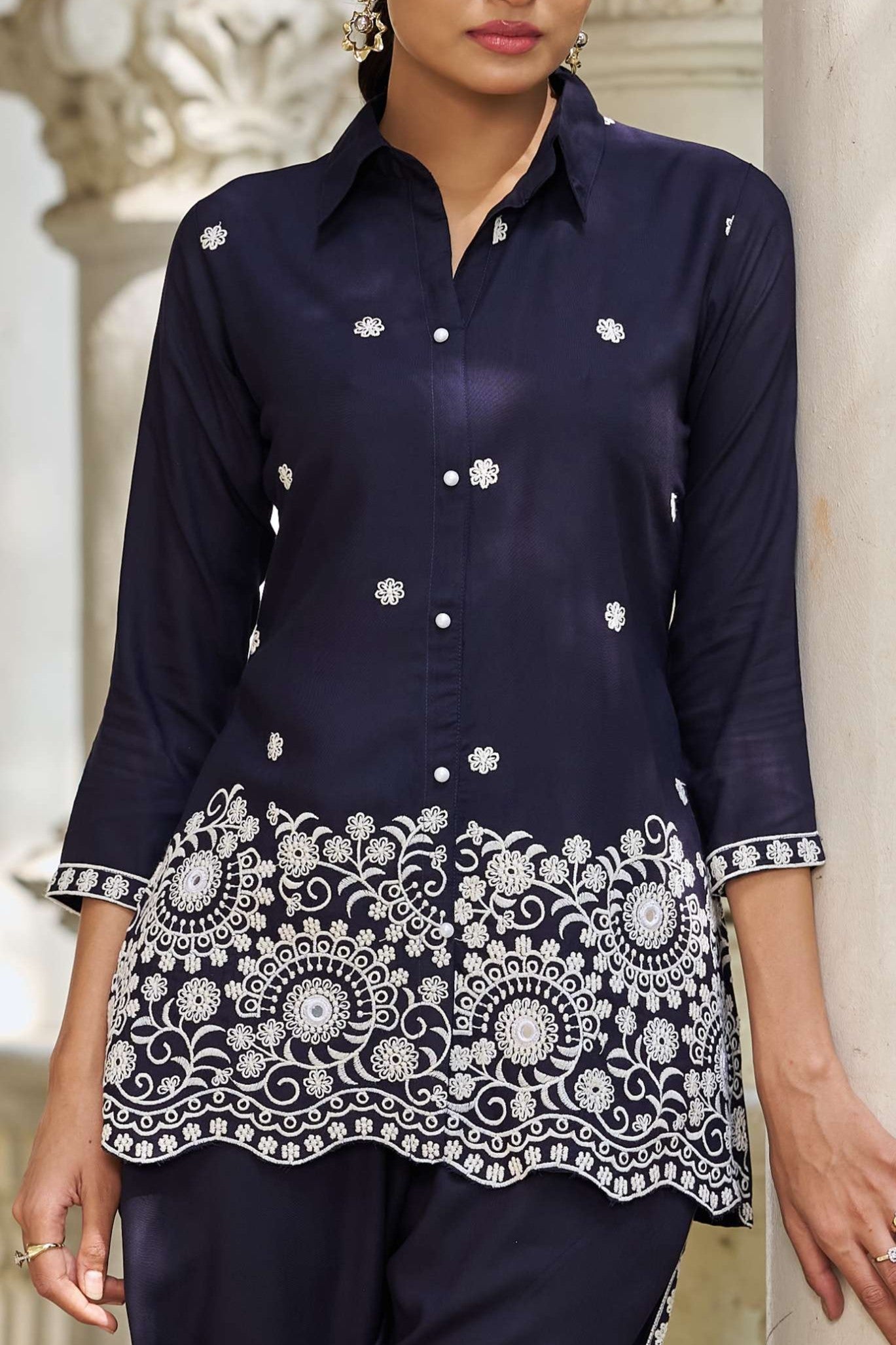 Navy Blue Embellished Viscose Rayon Co-ord Set
