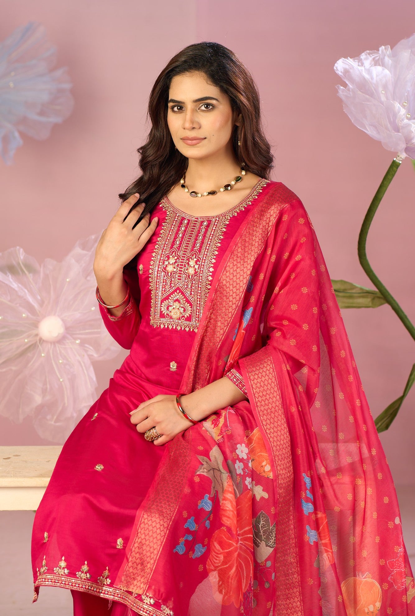 Vibrant Rani Pink Silk Kurta Set with Embroidery & Designer Dupatta