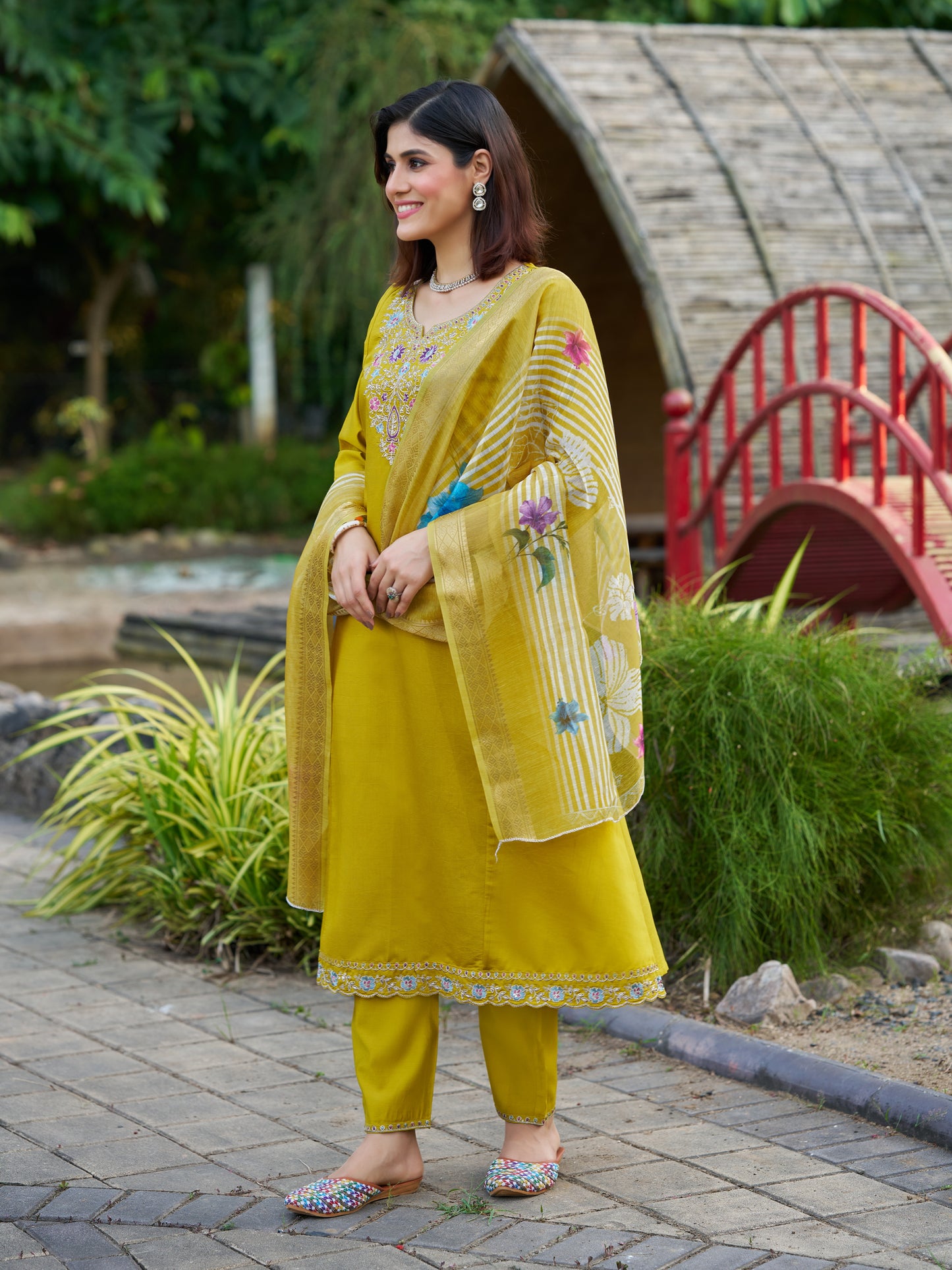 Yellow Viscose Silk Blend Embroidered Kurta Set with Dupatta