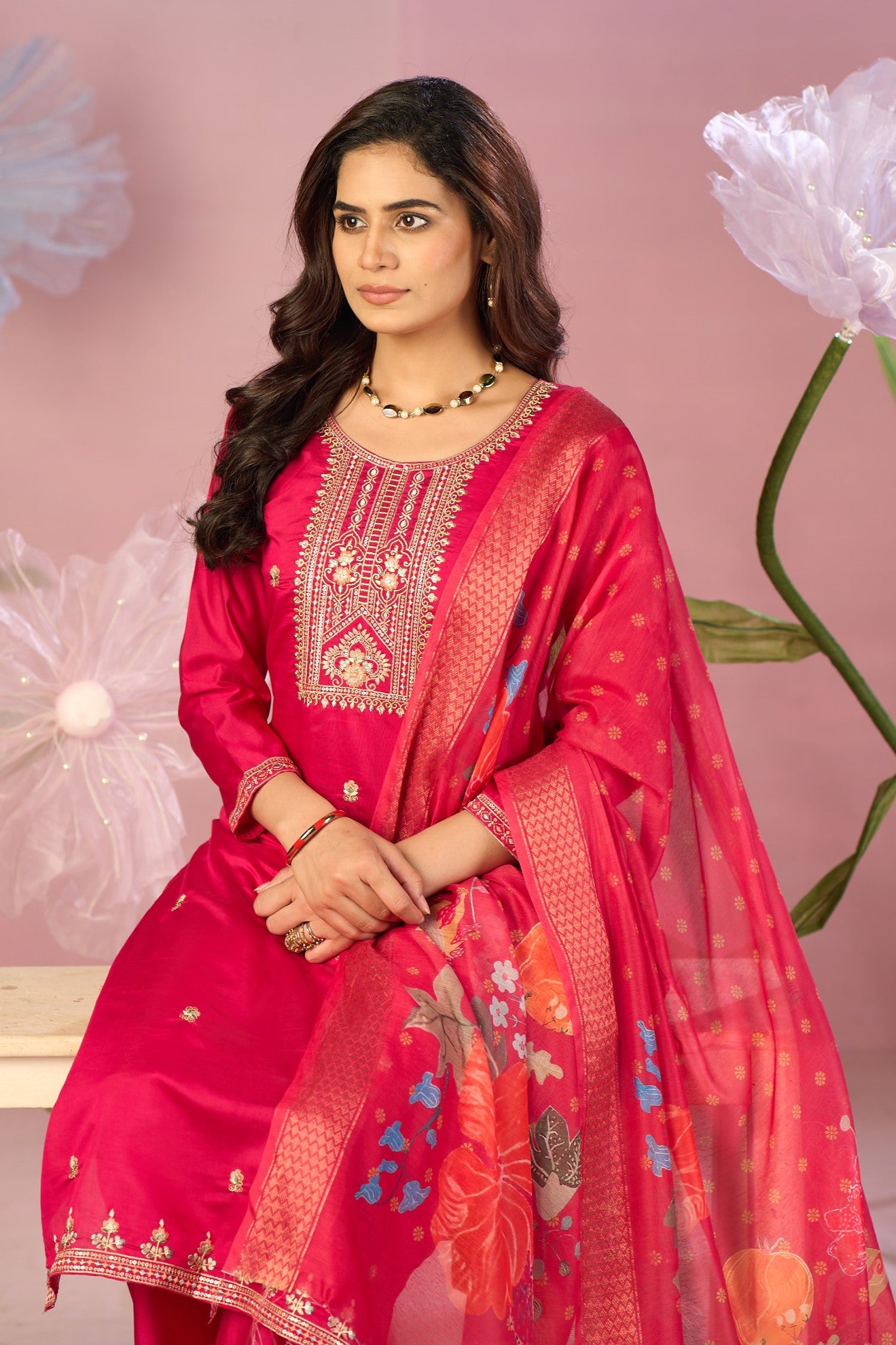 Vibrant Rani Pink Silk Kurta Set with Embroidery & Designer Dupatta