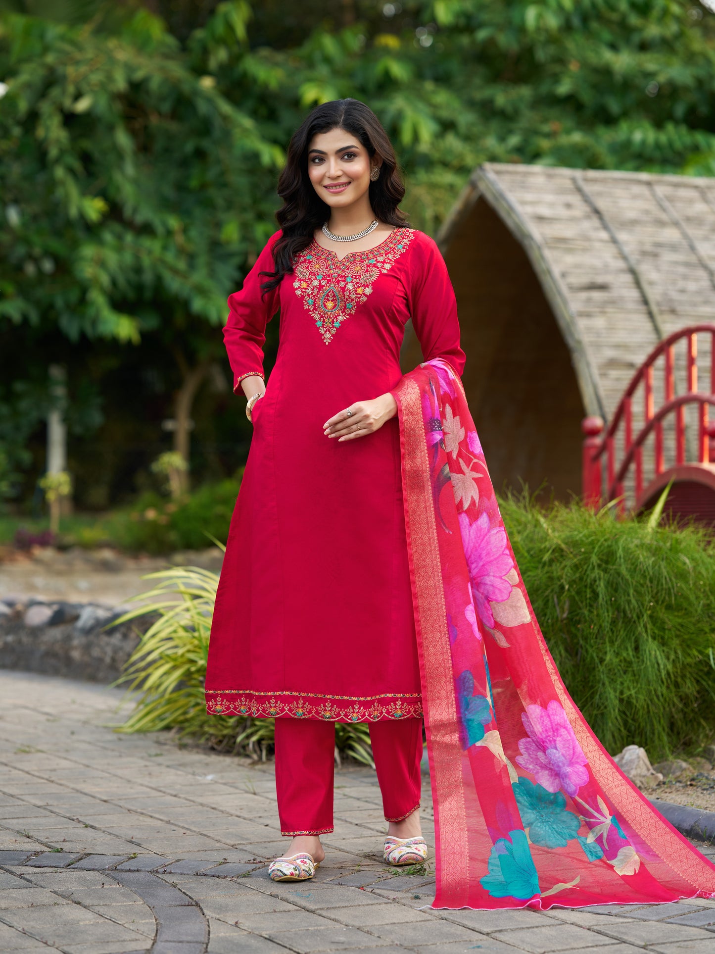 Red Viscose Silk Blend Embroidered Kurta Set with Dupatta