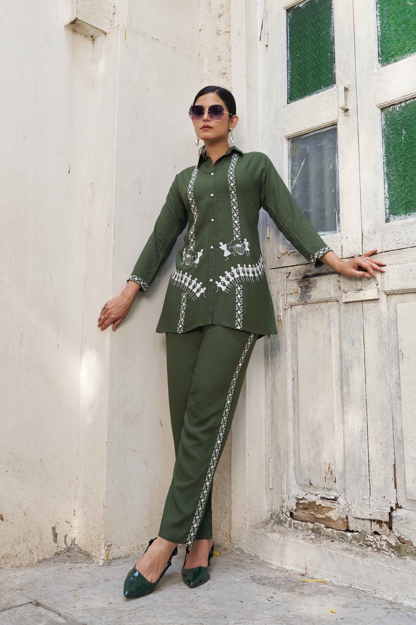 Olive Green Embellished Viscose Rayon Co-ord Set