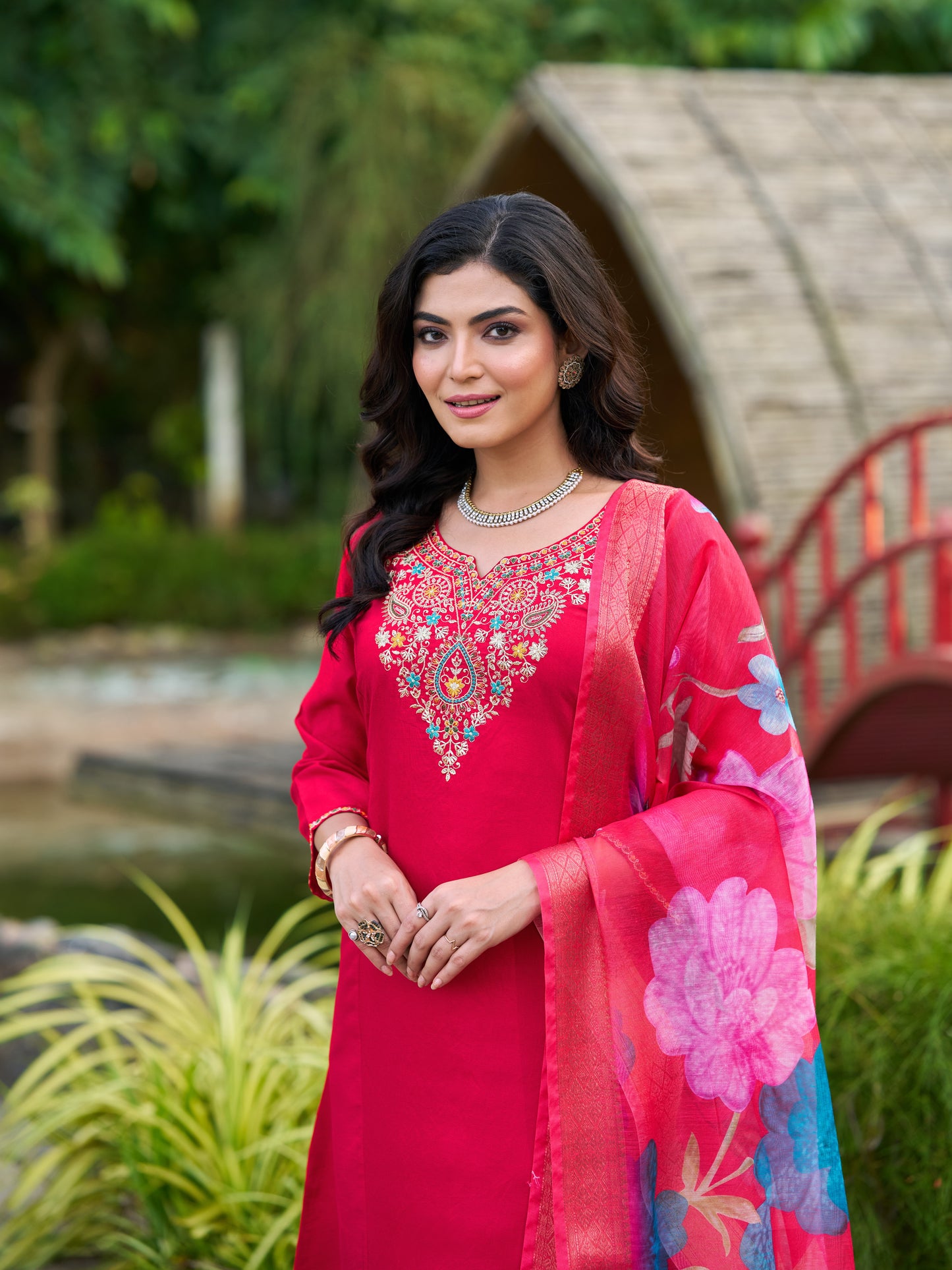 Red Viscose Silk Blend Embroidered Kurta Set with Dupatta