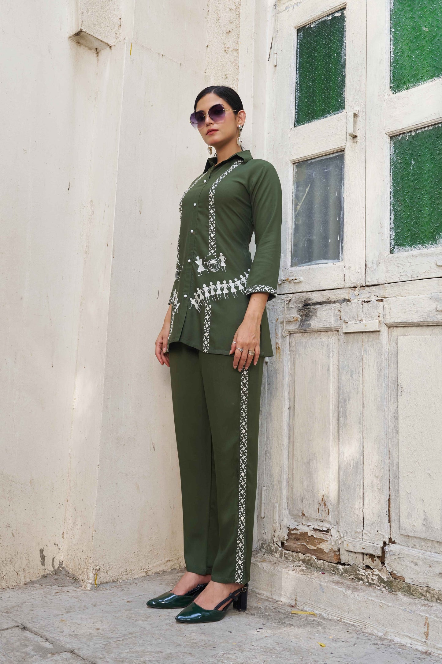 Olive Green Embellished Viscose Rayon Co-ord Set