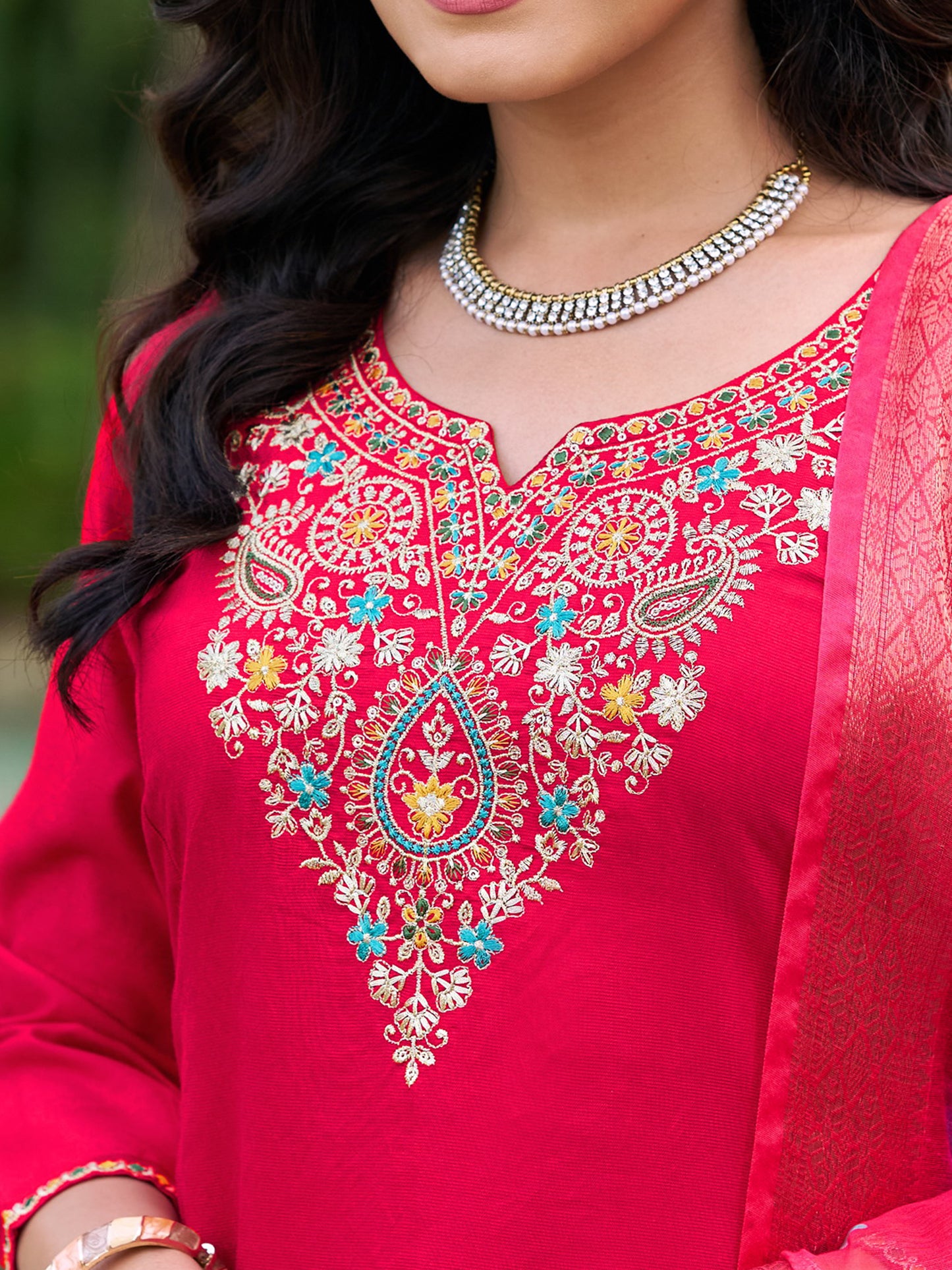 Red Viscose Silk Blend Embroidered Kurta Set with Dupatta