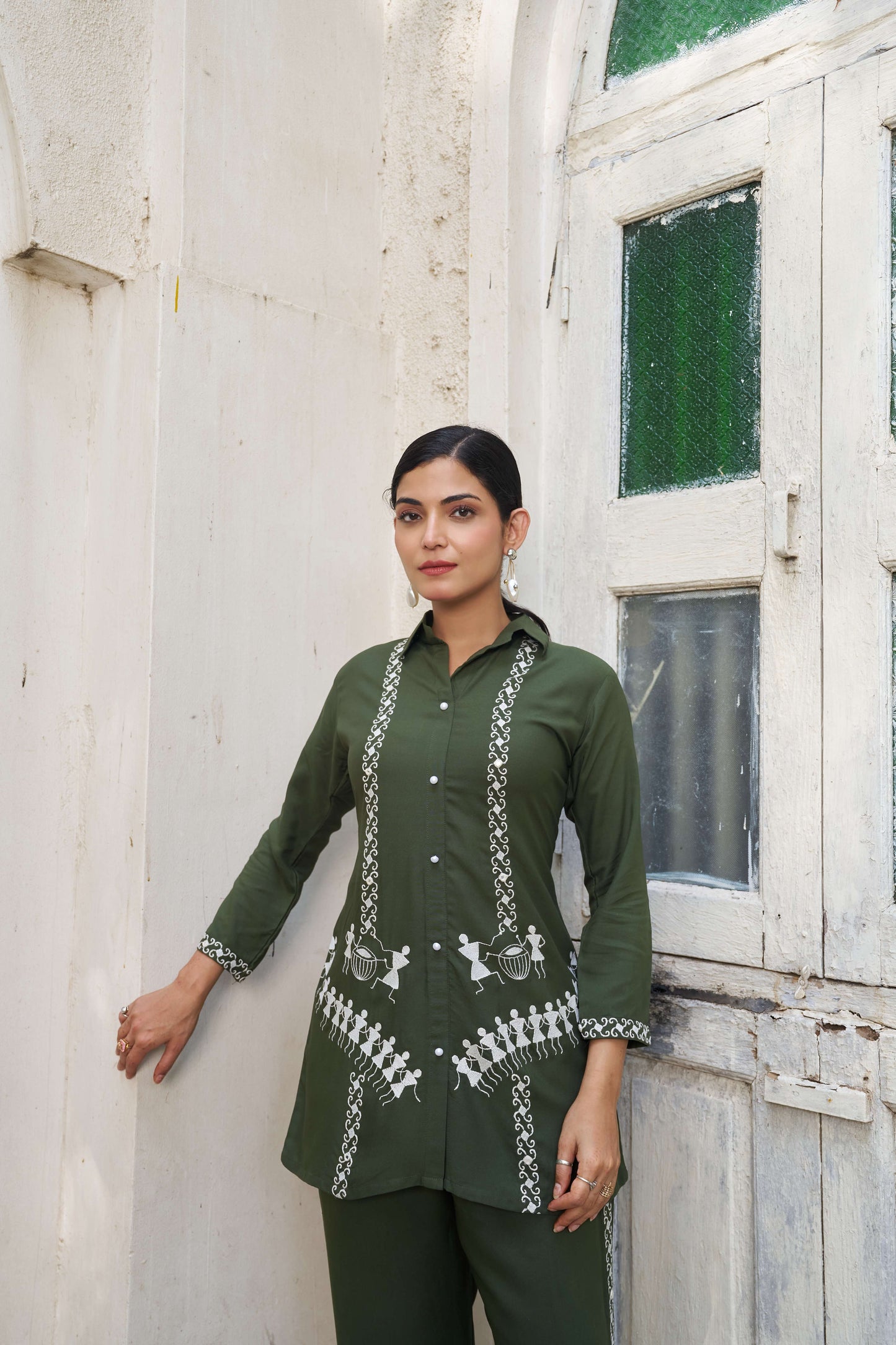 Olive Green Embellished Viscose Rayon Co-ord Set