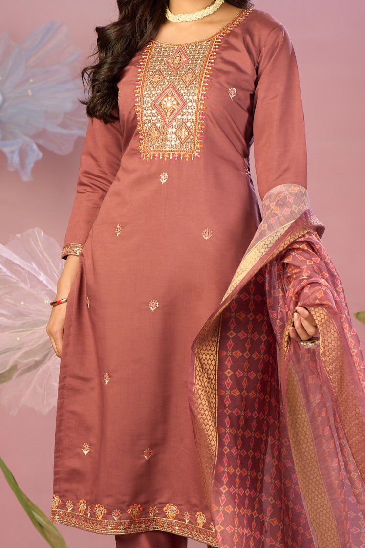 Rose Gold Silk Kurta Set with Zari Embroidery & Patterned Dupatta