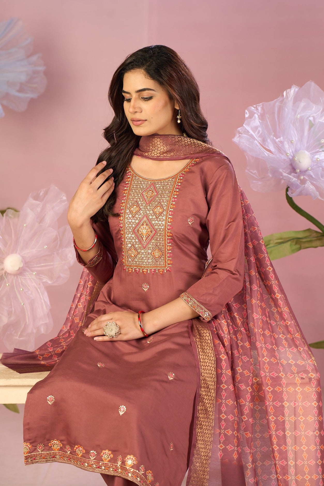 Rose Gold Silk Kurta Set with Zari Embroidery & Patterned Dupatta