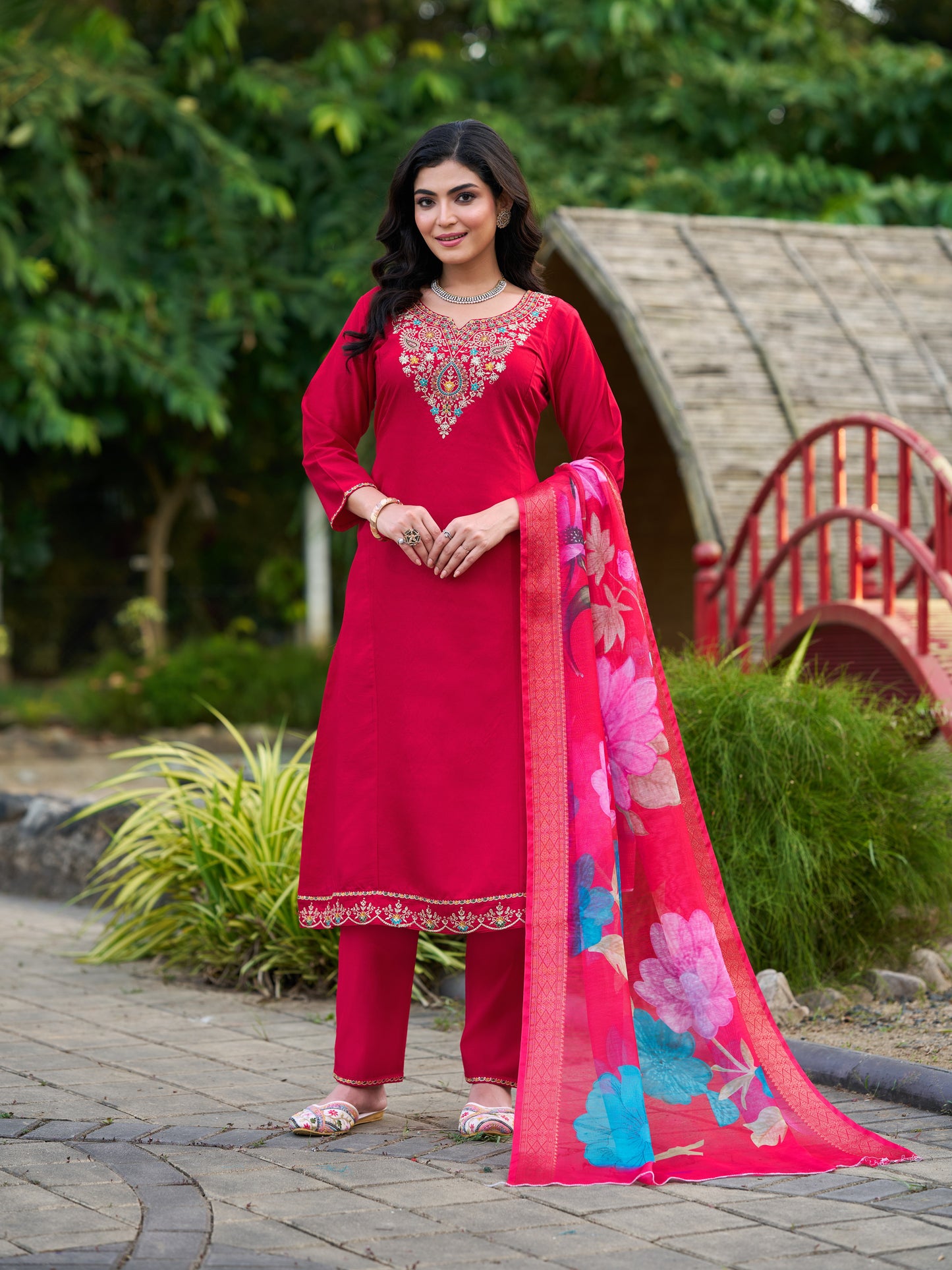 Red Viscose Silk Blend Embroidered Kurta Set with Dupatta
