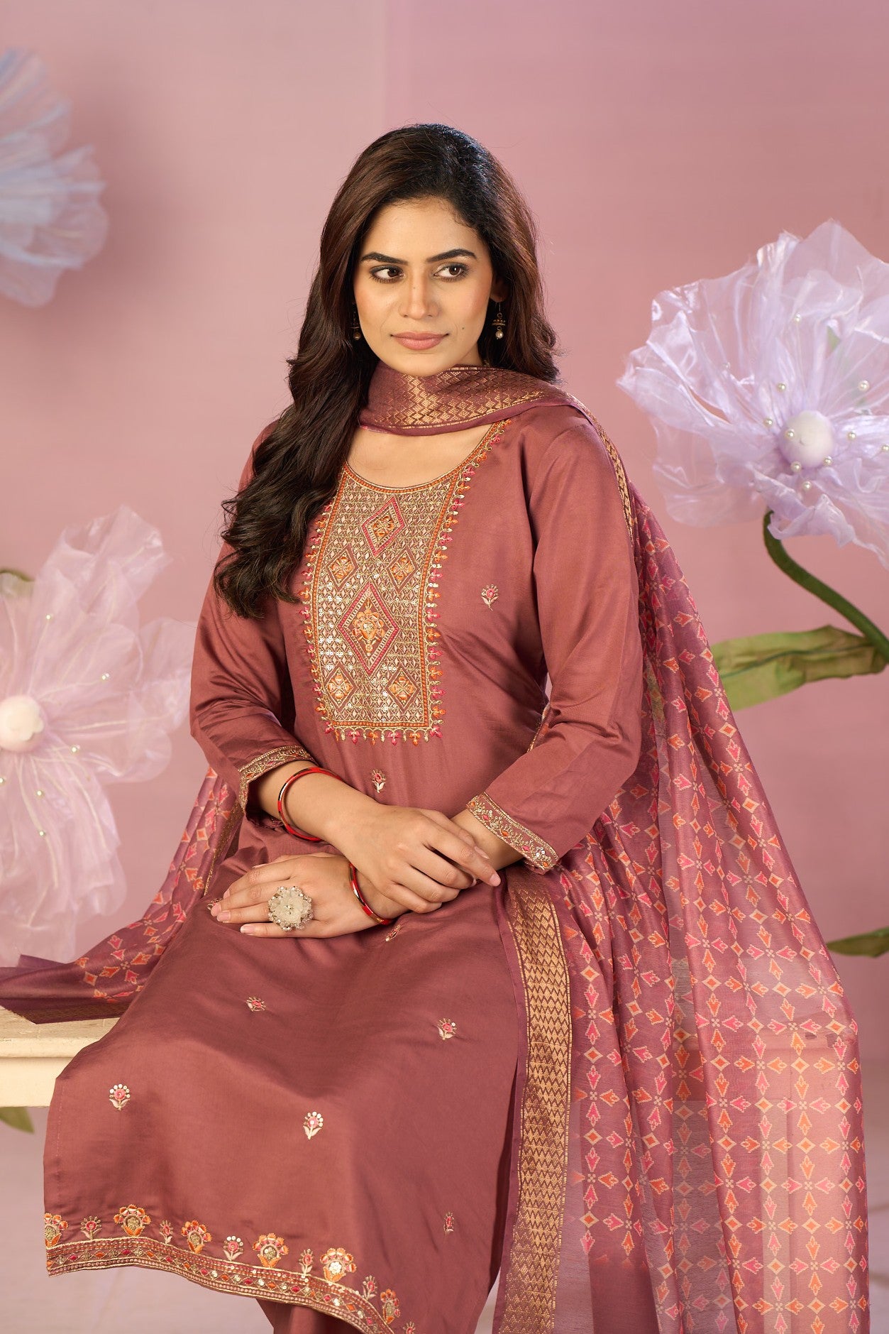 Rose Gold Silk Kurta Set with Zari Embroidery & Patterned Dupatta
