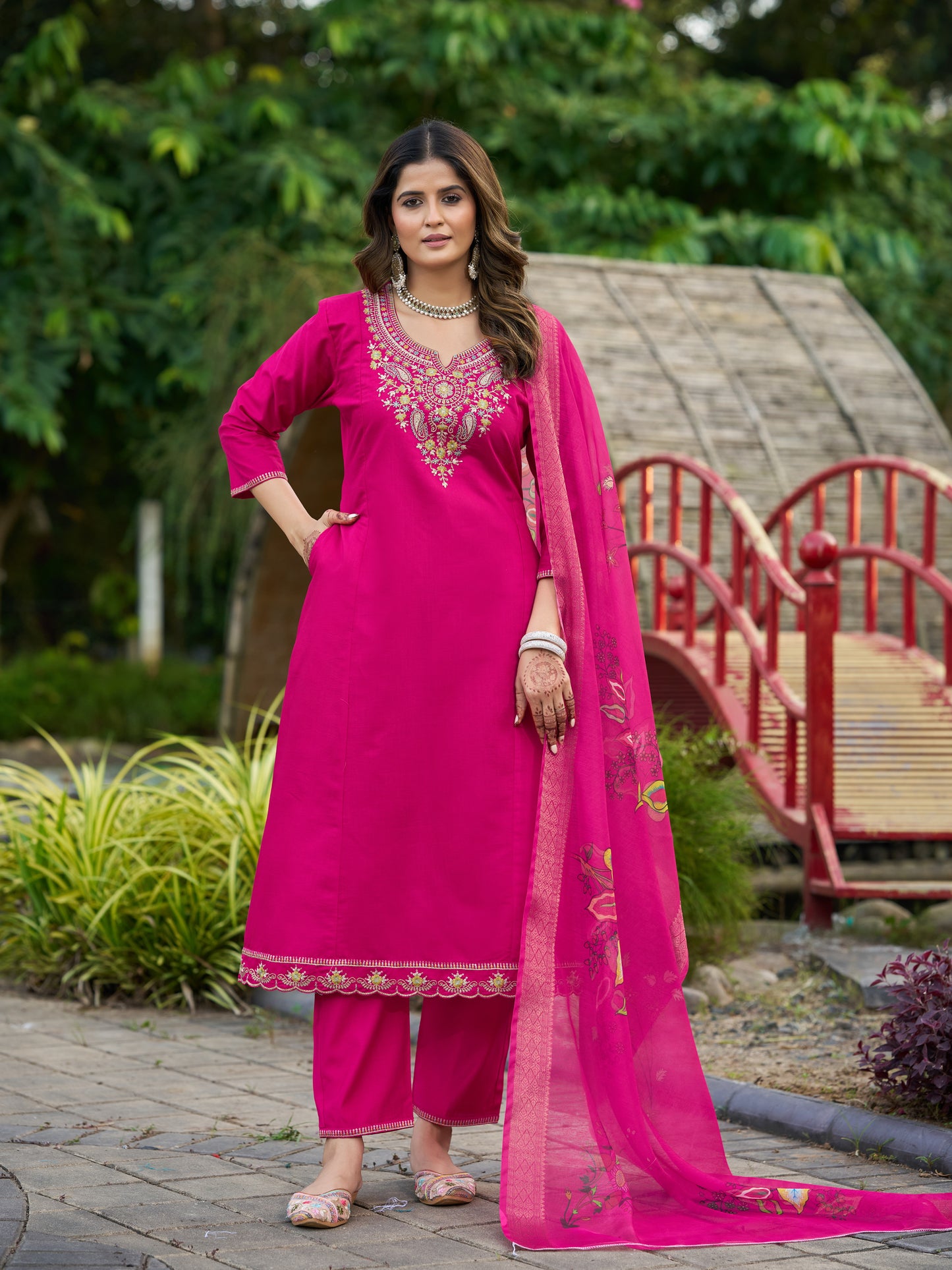 Pink Viscose Silk Blend Embroidered Kurta Set with Dupatta