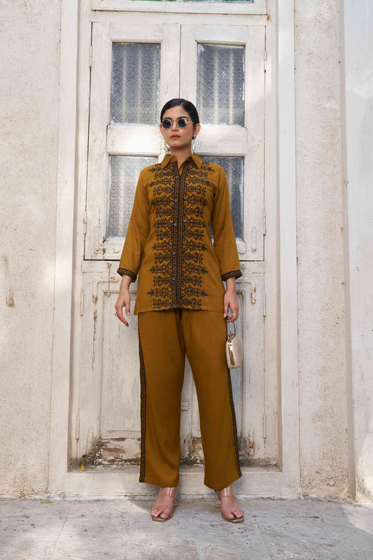 Mustard Brown Embellished Viscose Rayon Co-ord Set